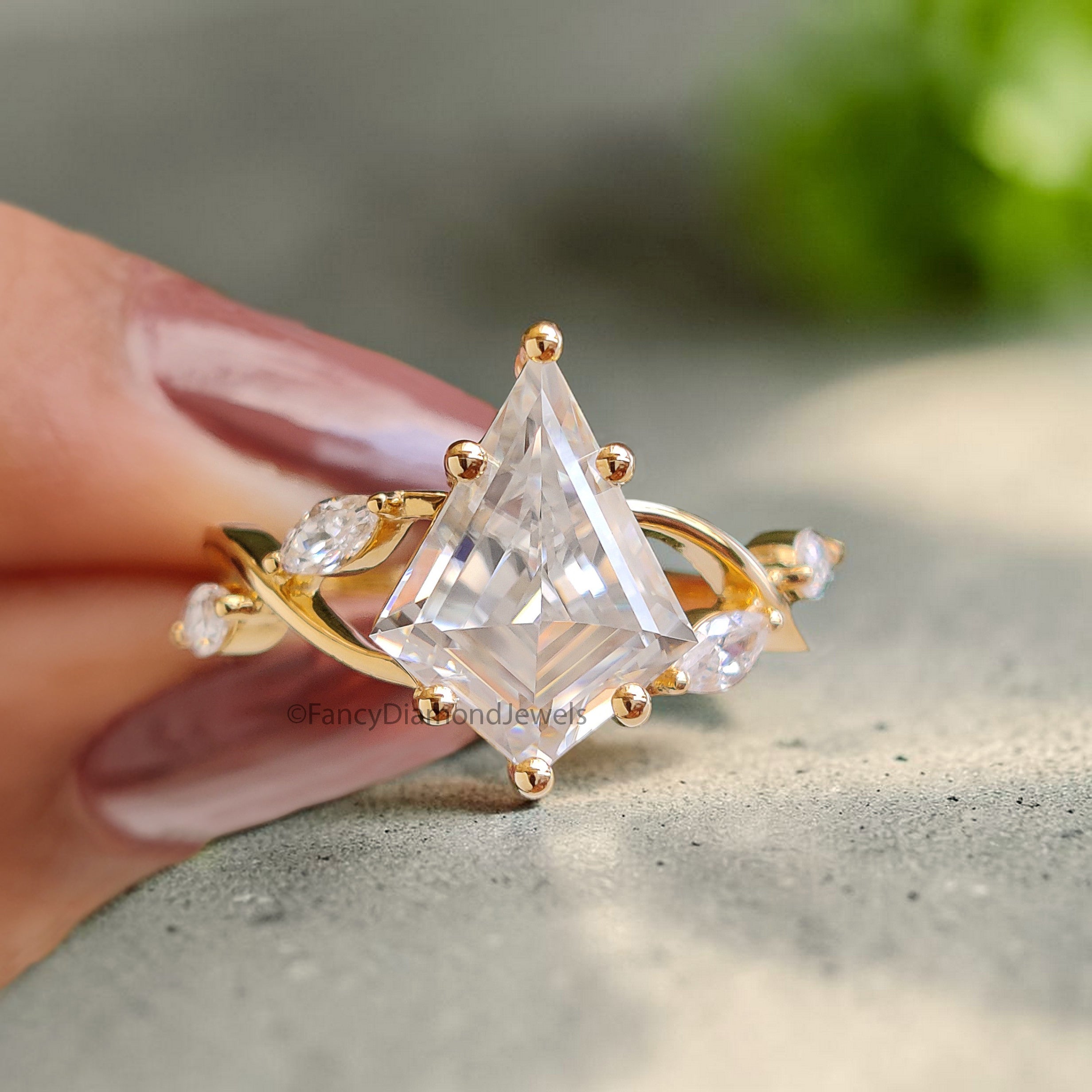 Kite Moissanite Engagement Ring, 14K Yellow Gold Ring, Marquise Cluster Side Stones, Vintage Inspired Bridal Ring, Unique Wedding Ring FD550