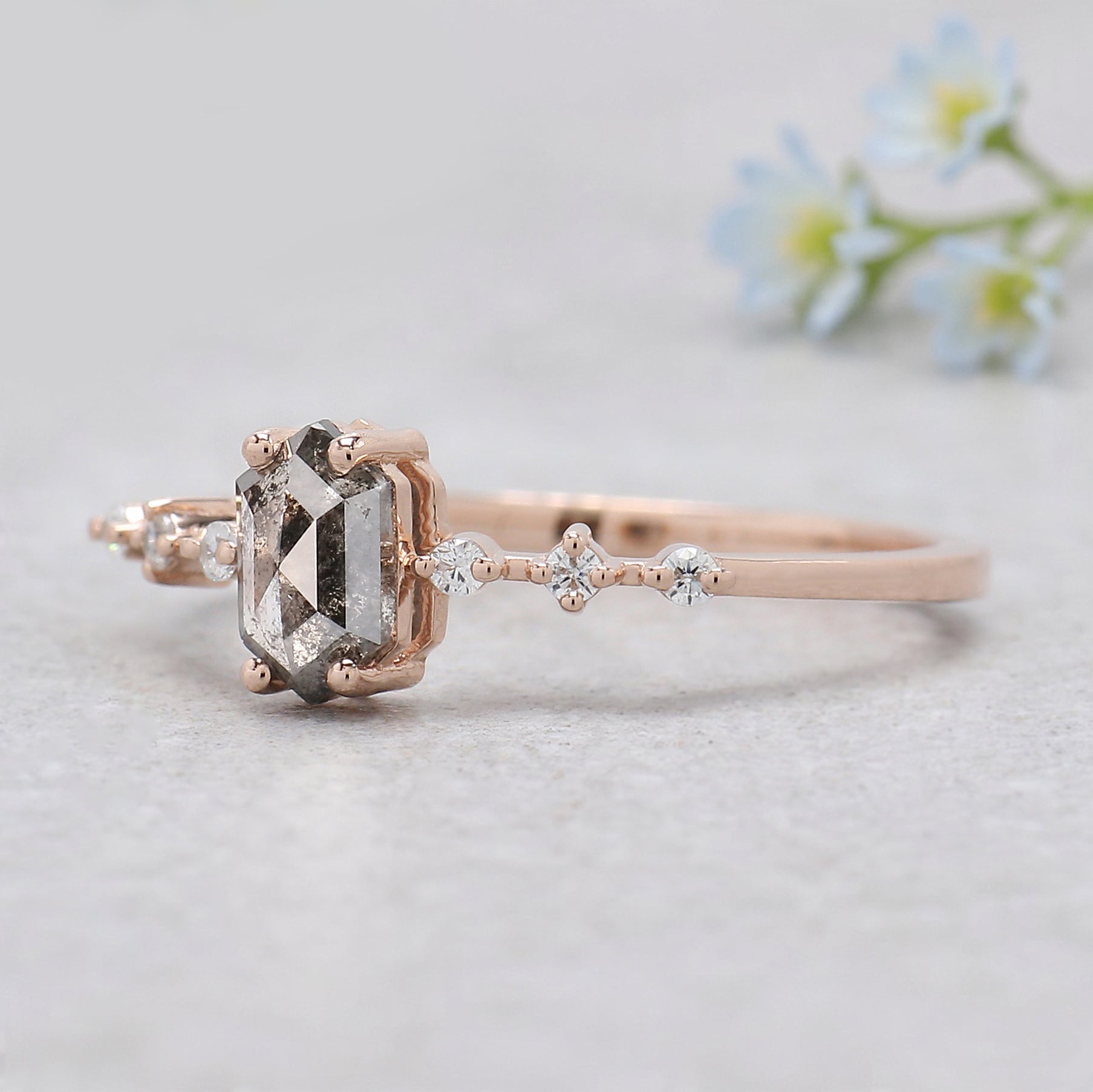 Hexagon Cut Salt And Pepper Diamond Ring 0.48 Ct 6.38 MM Hexagon Cut Diamond Ring 14K Rose Gold Silver Engagement Ring Gift For Her KDL2472