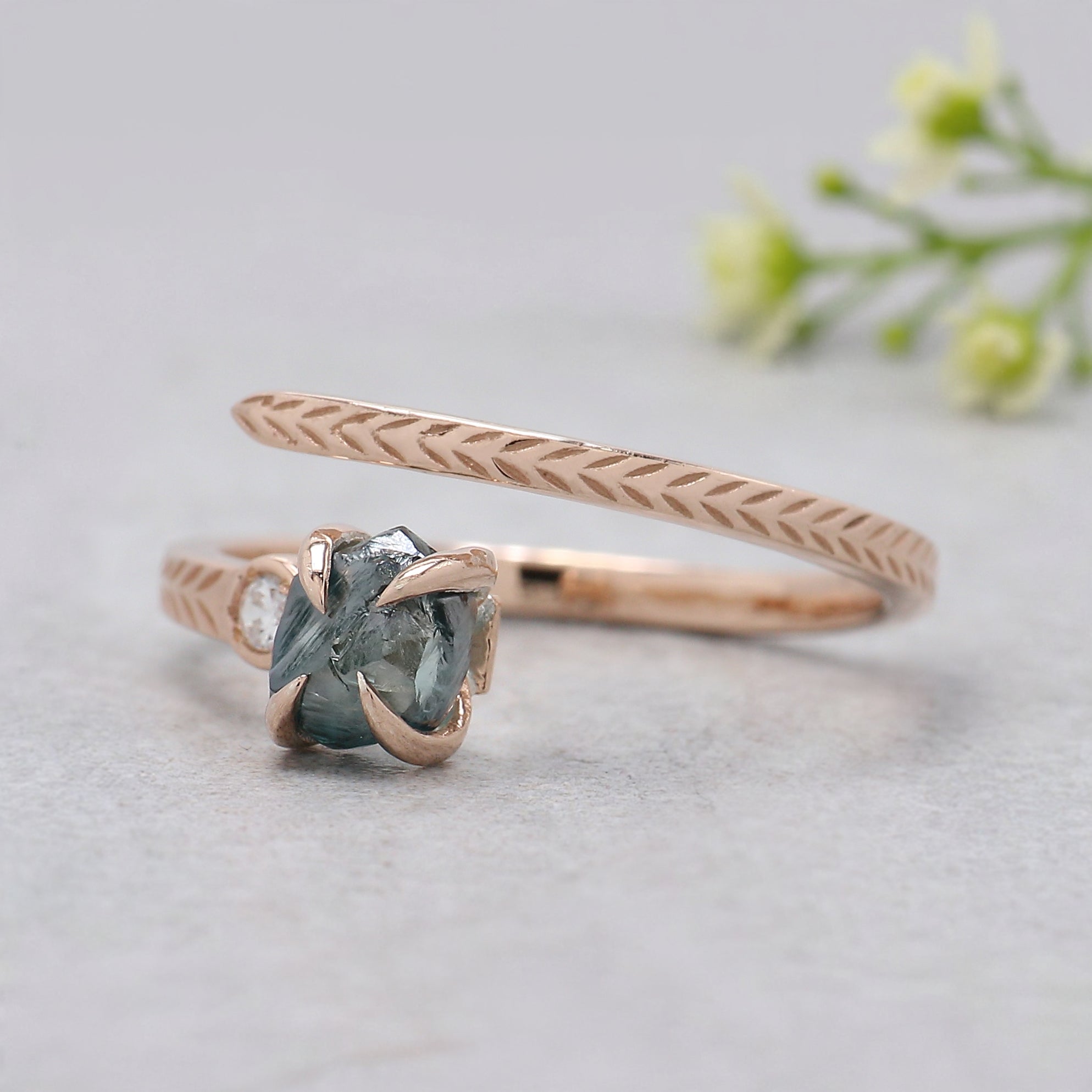 0.97 Ct Natural Rough Cut Blue Color Diamond Ring 5.63 MM Crystal Rough Diamond Ring 14K Solid Rose Gold Silver Engagement Ring KDL2347