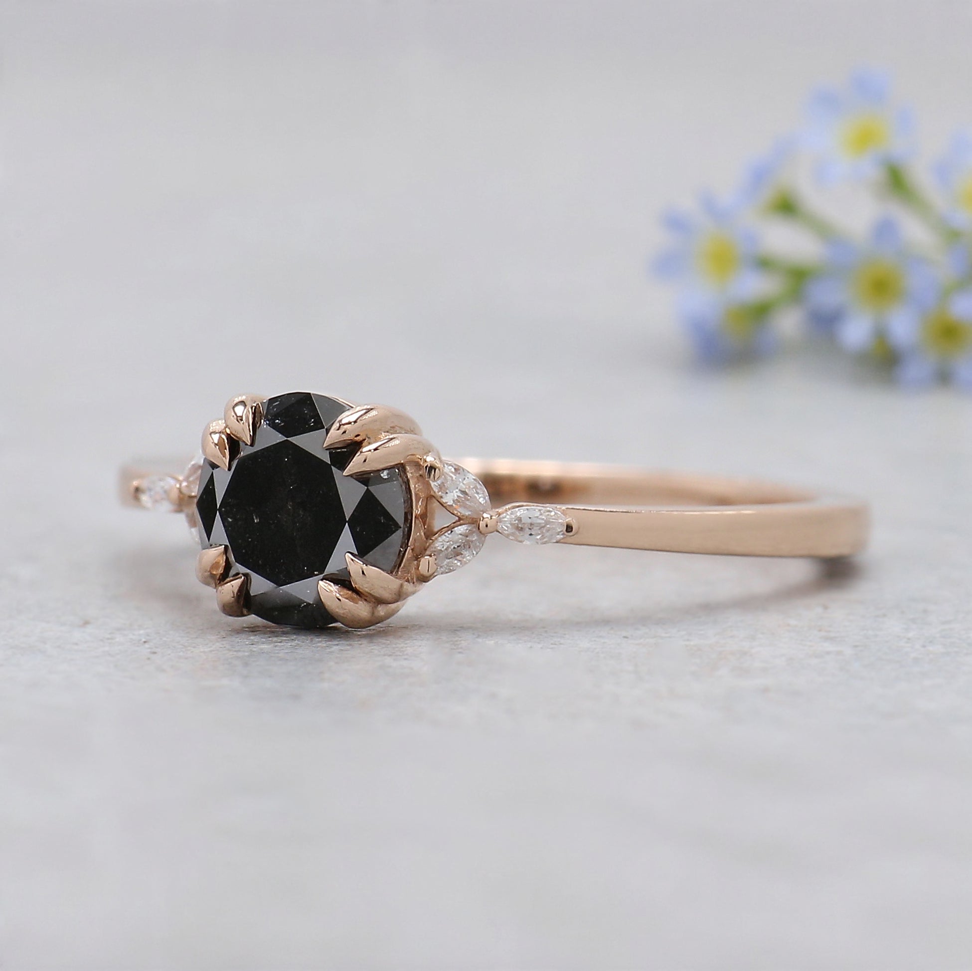 0.90 Ct Natural Round Shape Black Color Diamond Ring 6.05 MM Round Cut Diamond Ring 14K Solid Rose Gold Silver Round Engagement Ring KDL507