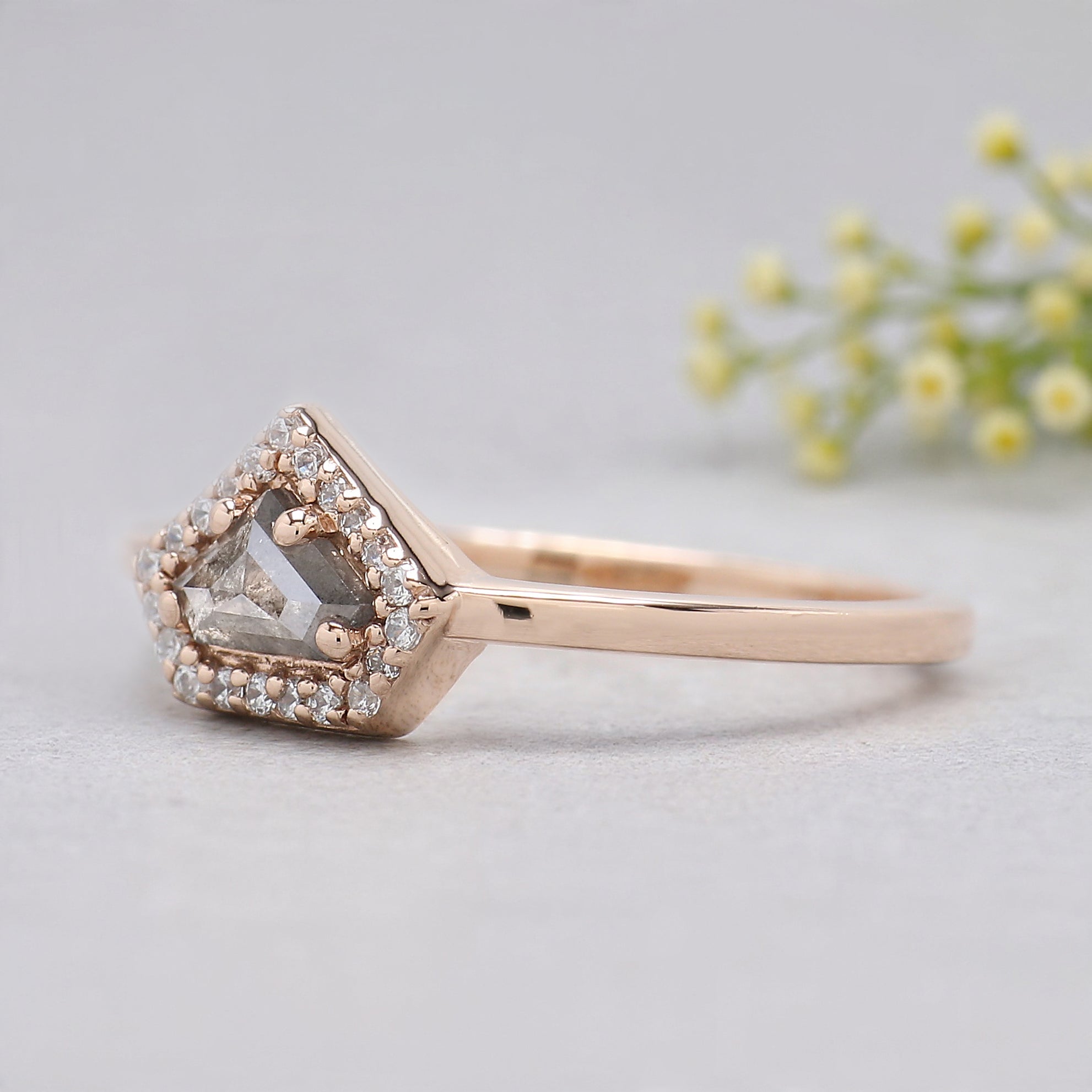 Shield salt and pepper Diamond Ring, Salt and pepper Shield Diamond Engagement Ring, Shield Diamond Ring, Halo Ring, Shield Ring, KD1122