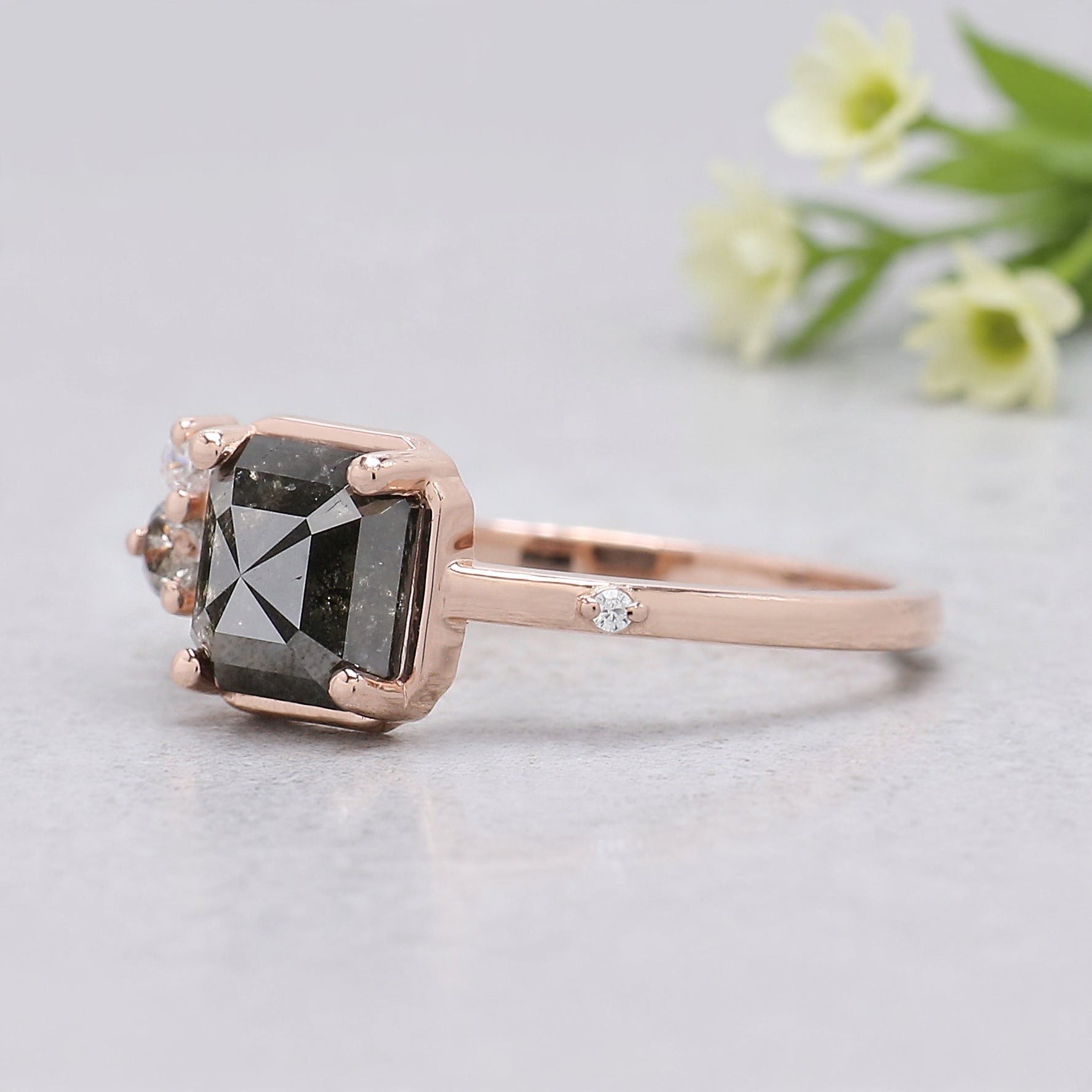Emerald Shape Salt and Pepper Diamond Ring, Rose Gold Engagement Ring, Unique Bridal Ring, Minimalist Promise Ring Gift for Her KDK1942