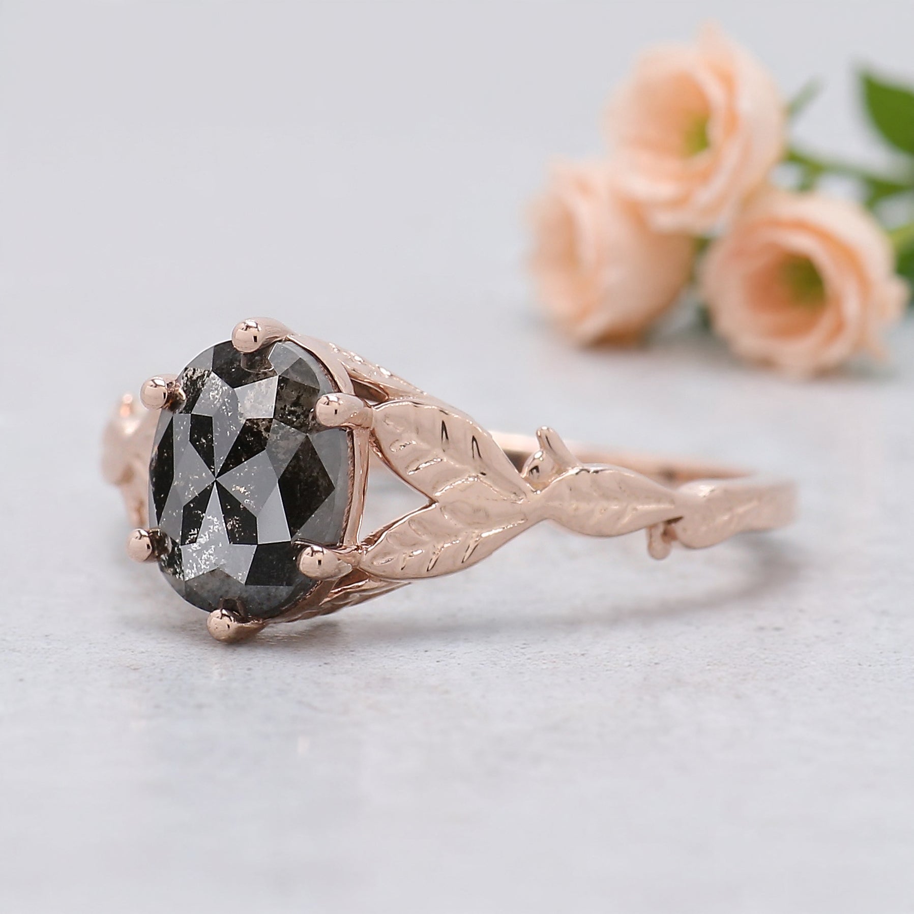 Oval Salt and Pepper Diamond Engagement Ring, 14K Rose Gold Oval Diamond Ring, Rustic Leaf Band, Unique Bridal Ring, Gift for Her KDN1313