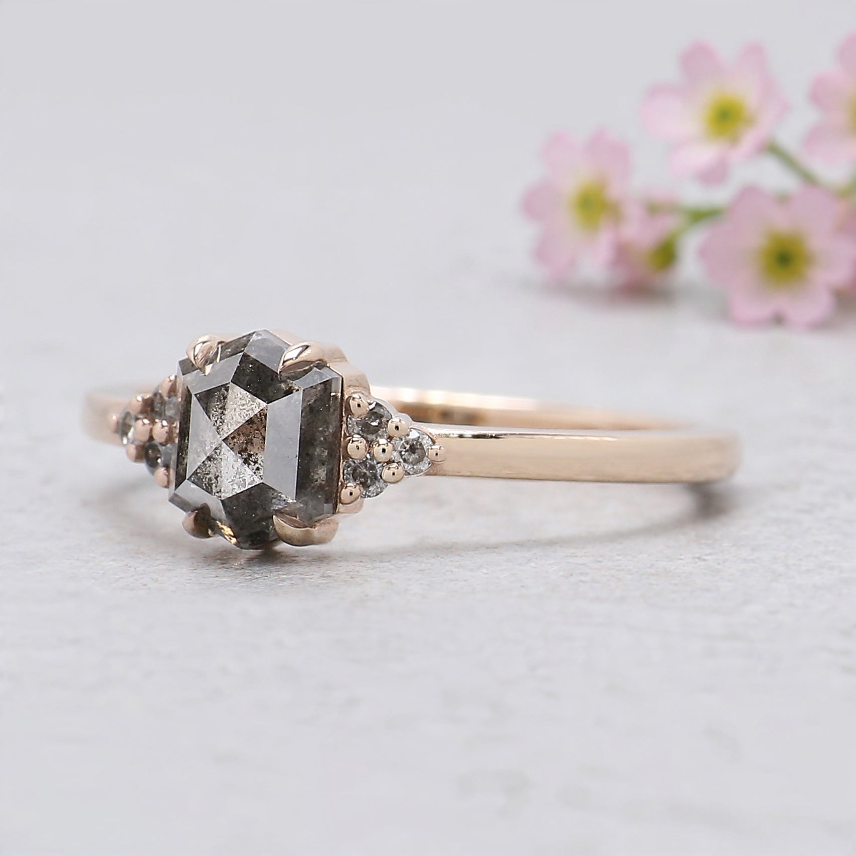 Hexagon Salt and Pepper Diamond Ring, Unique Diamond Engagement Ring, 14K Rose Gold Minimalist Ring, Rustic Bridal Ring, Gift for Her KDL276