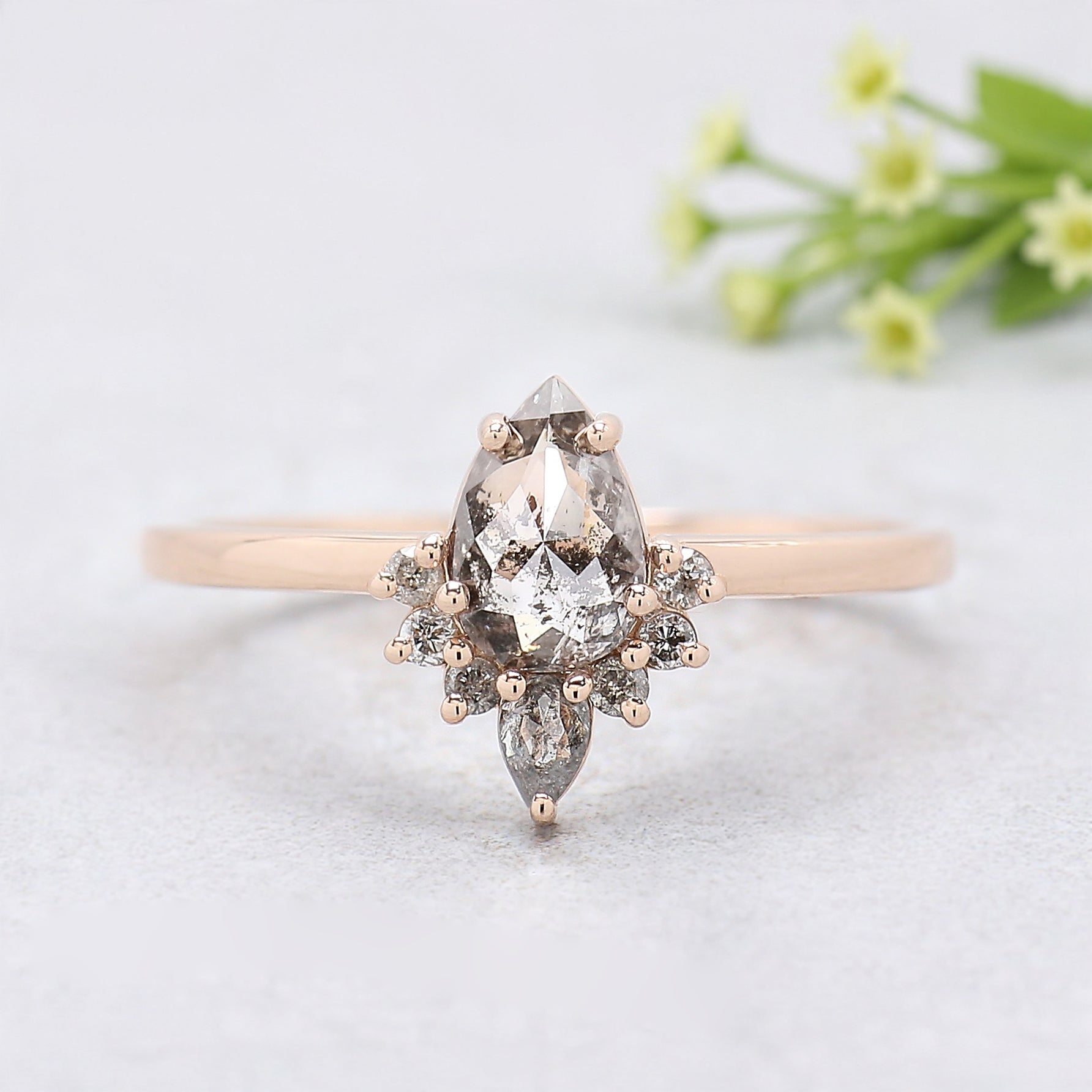 Pear Cut Salt And Pepper Diamond Ring 0.48 Ct 6.65 MM Pear Diamond Ring 14K Rose Gold Silver Pear Engagement Ring Set Gift For Her KDN976
