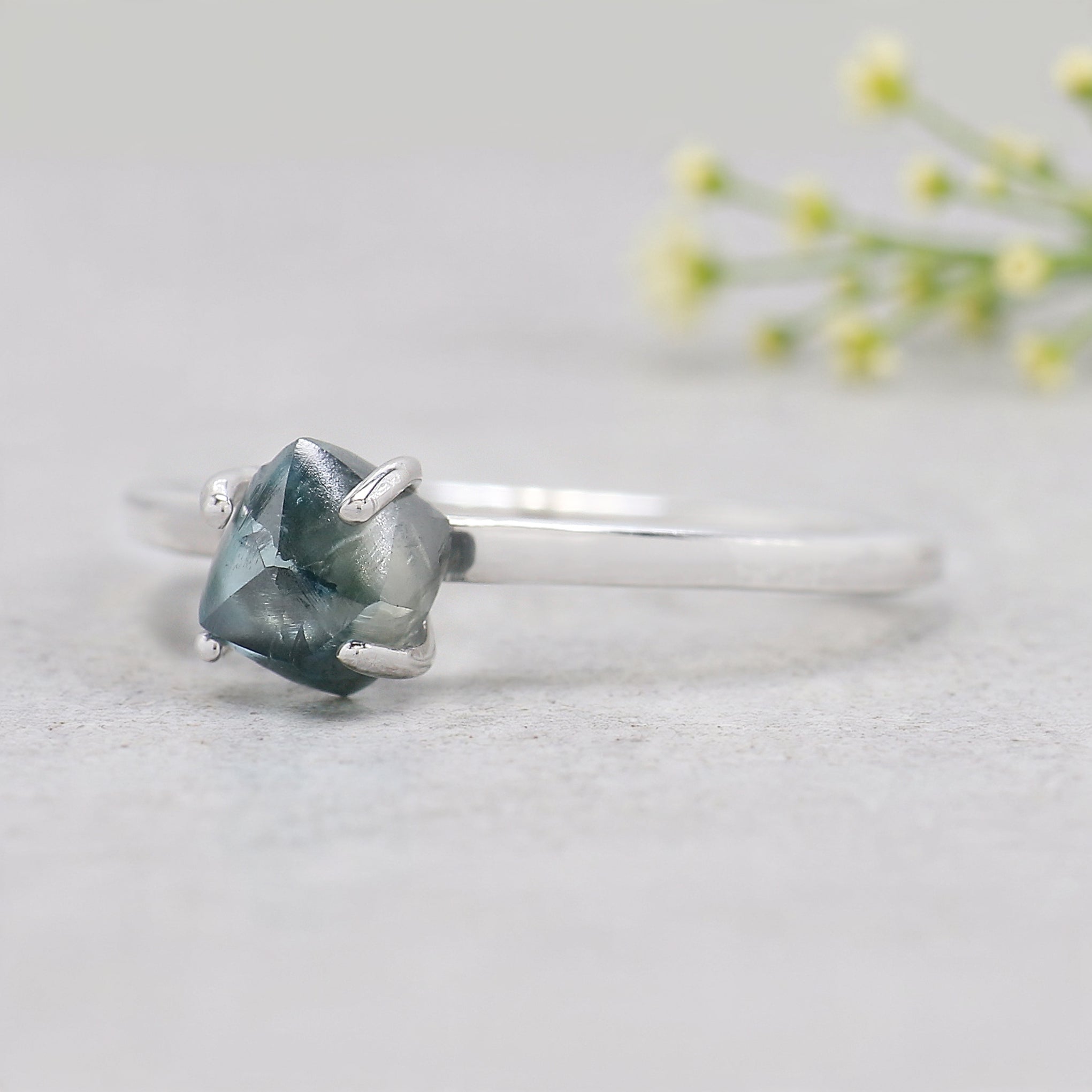 Rough Cut Blue Color Diamond Ring 1.35 Ct 6.40 MM Crystal Rough Diamond Ring 14K Solid White Gold Silver Engagement Ring Gift For Her QL2350