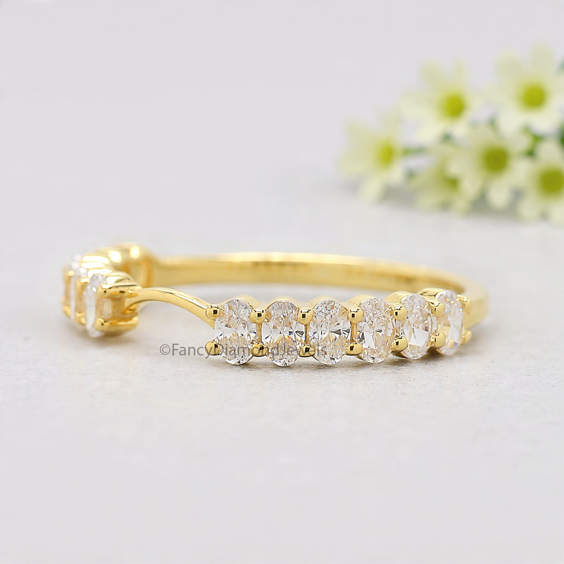 Oval Cut Diamond Wedding Band Yellow Gold Unique Half Eternity Wedding Band Vintage Notched Stacking Matching Bridal Gift For Her FD526
