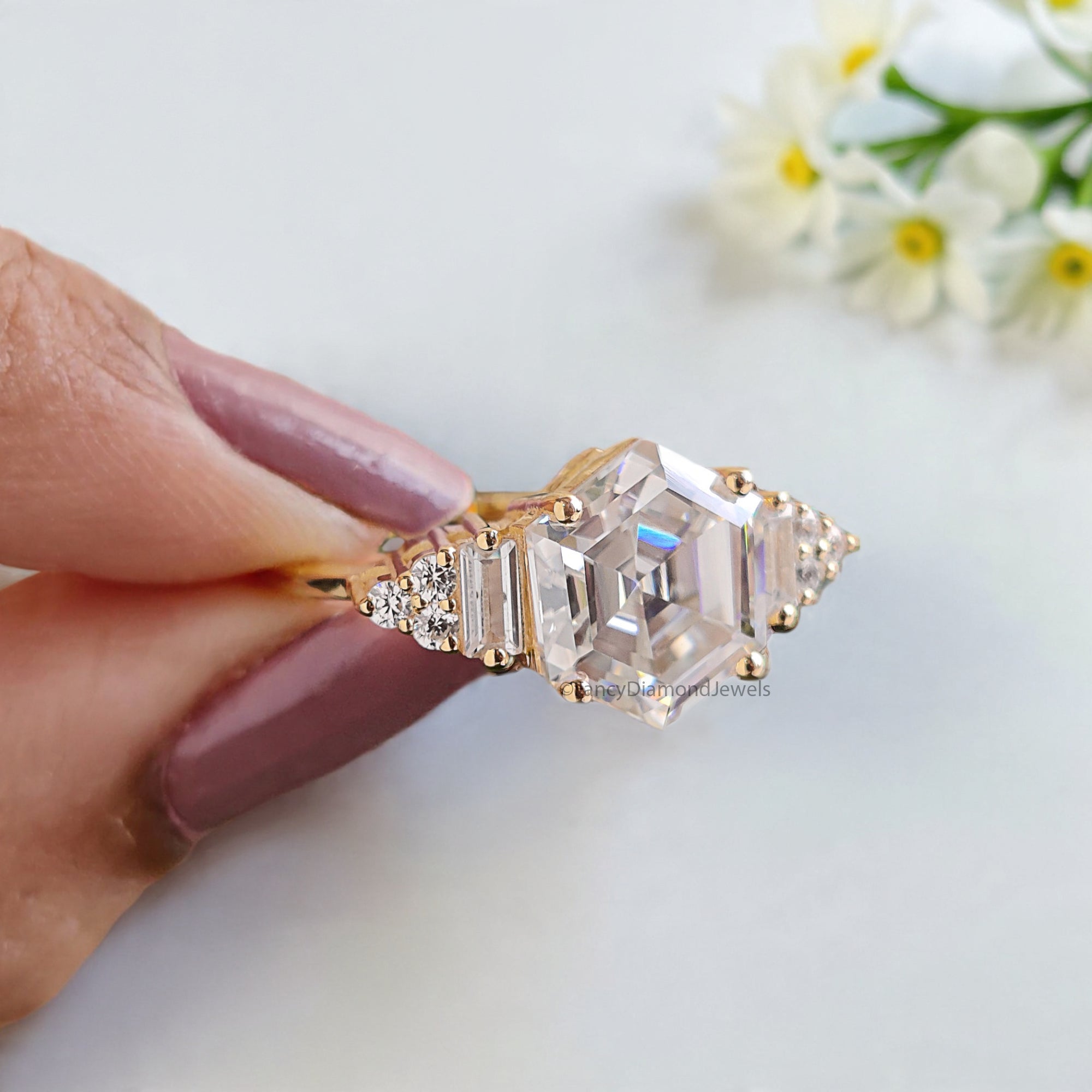 3.00 CT Antique Hexagon Moissanite Engagement Ring Baguette And Round Ring Ring For Gifting Wedding Ring Anniversary Gift Ring Her FD170