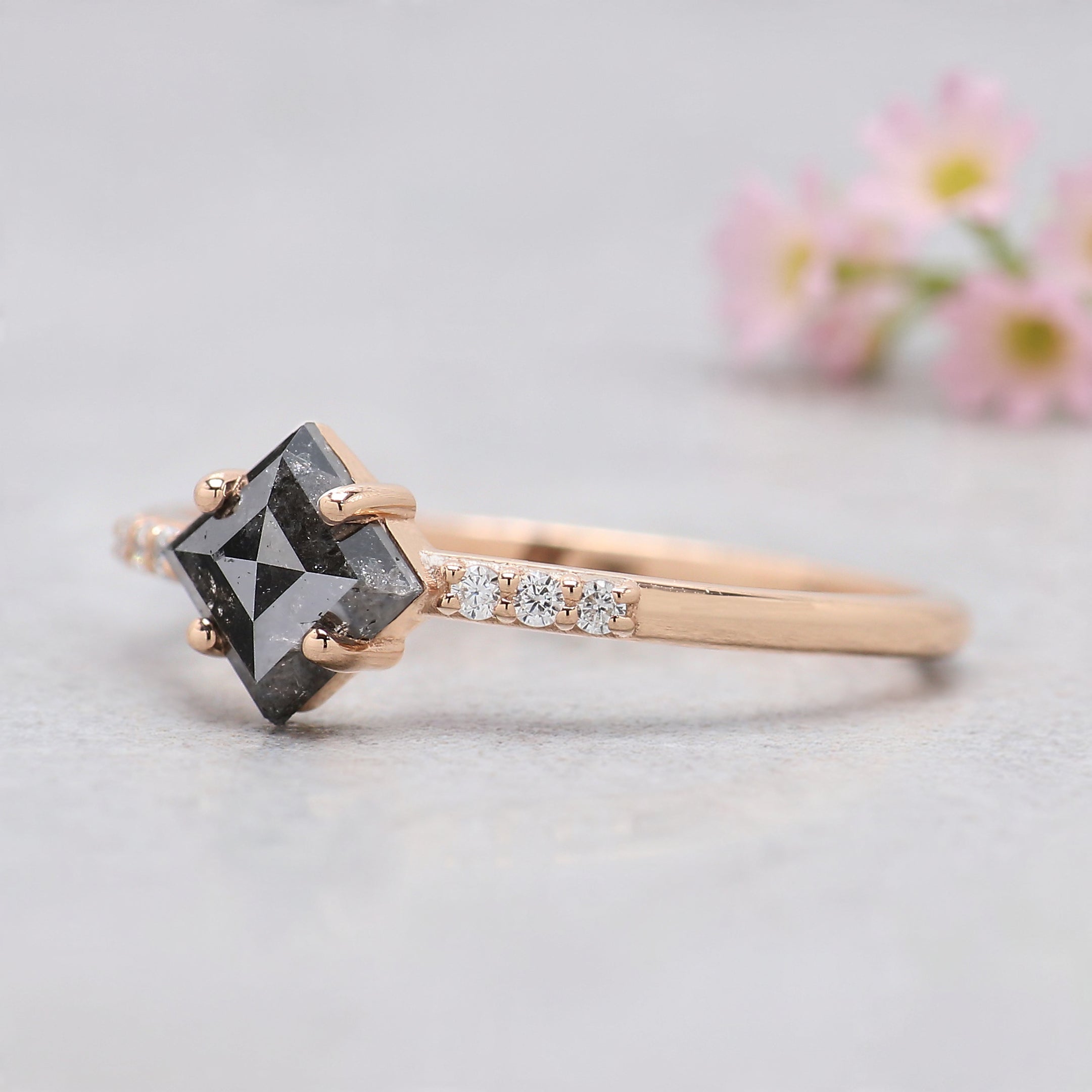Kite Shape Black Color Diamond Ring 0.65 Ct 6.75 MM Kite Diamond Ring 14K Solid Rose Gold Silver Kite Engagement Ring Gift For Her KDN808