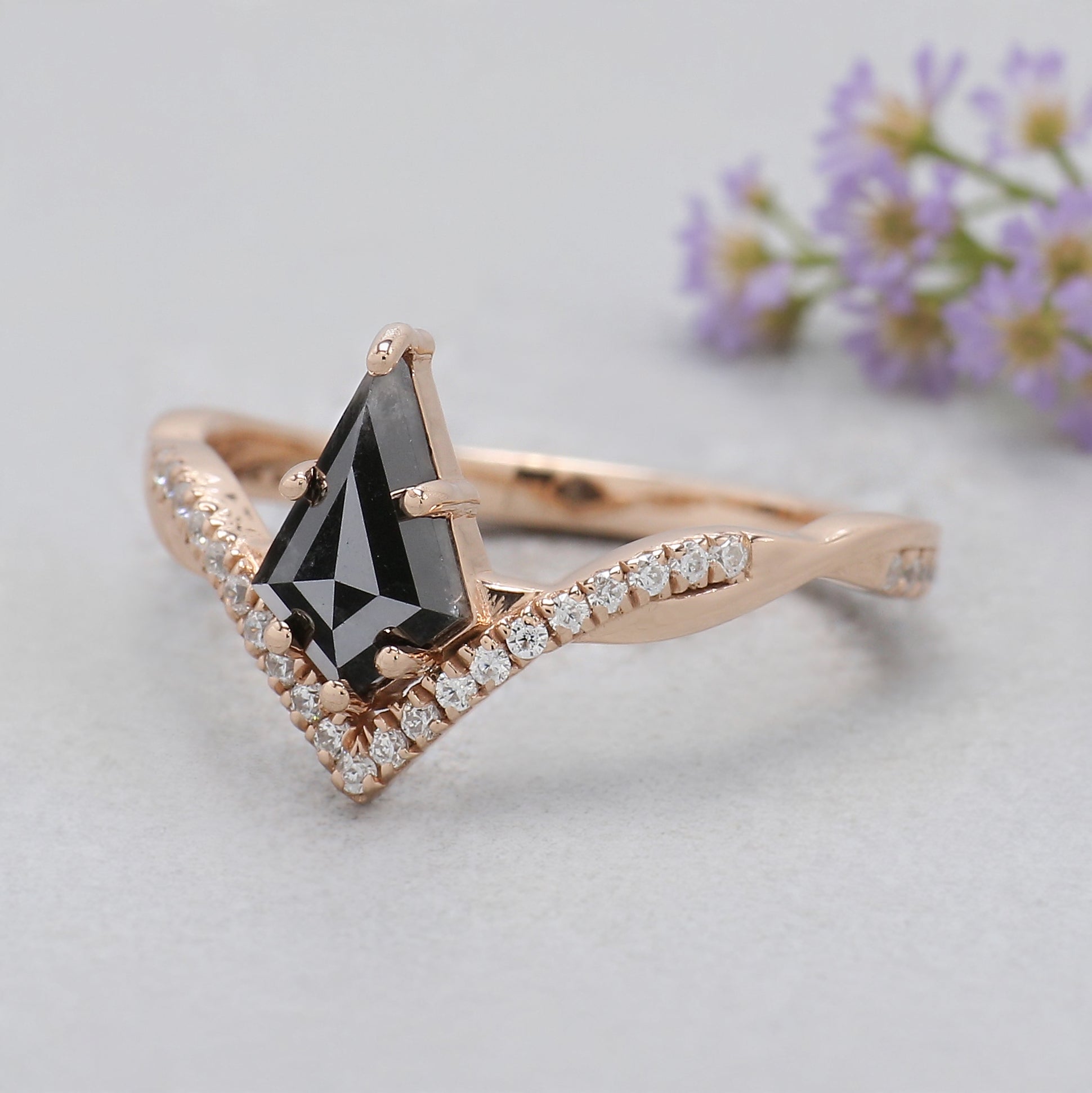 Kite Cut Salt And Pepper Diamond Ring 0.86 Ct 8.64 MM Kite Diamond Ring 14K Solid Rose Gold Silver Engagement Ring Gift For Her KDL3433