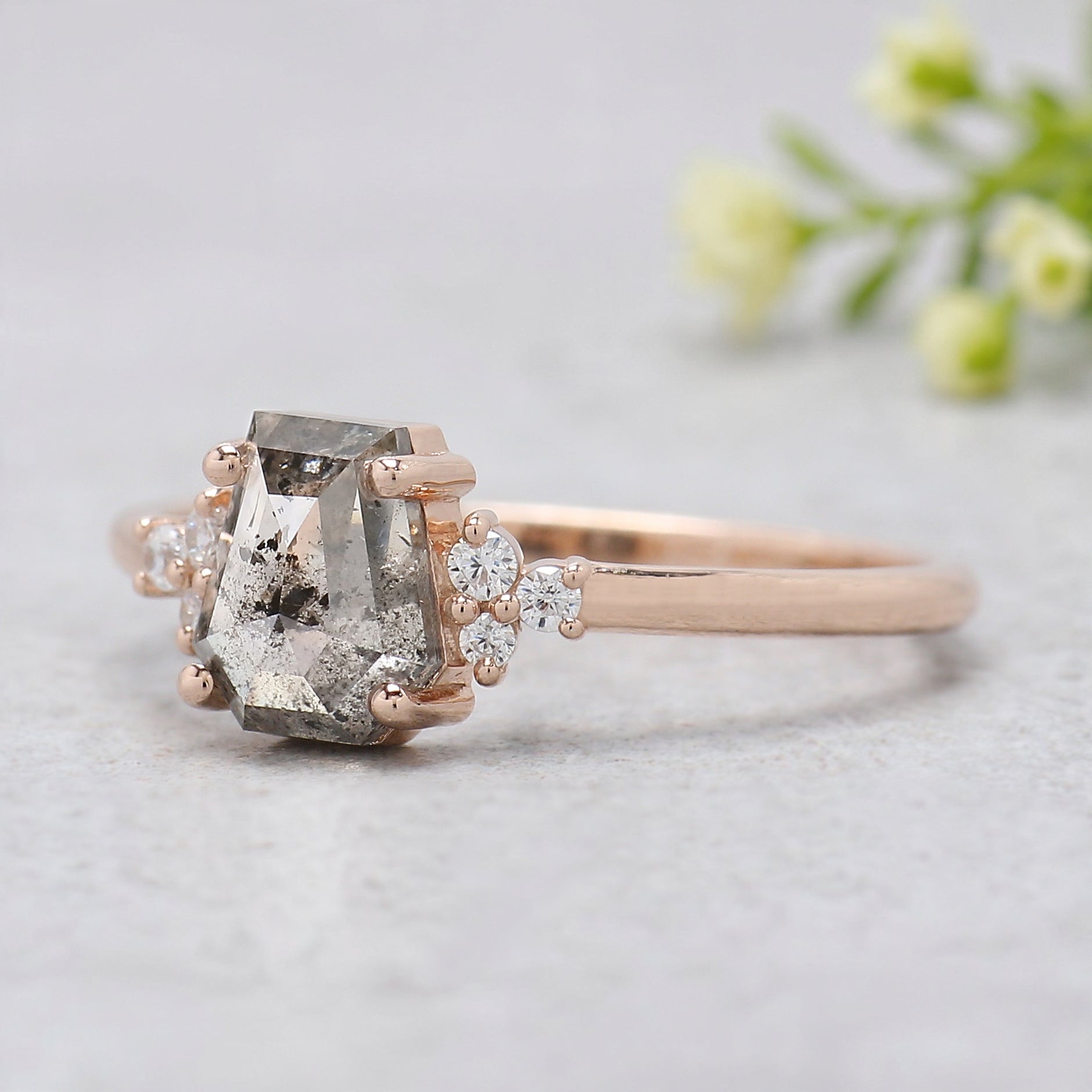 Coffin Cut Salt And Pepper Diamond Ring 1.11 Ct 6.80 MM Coffin Diamond Ring 14K Solid Rose Gold Silver Engagement Ring Gift For Her KDK2178