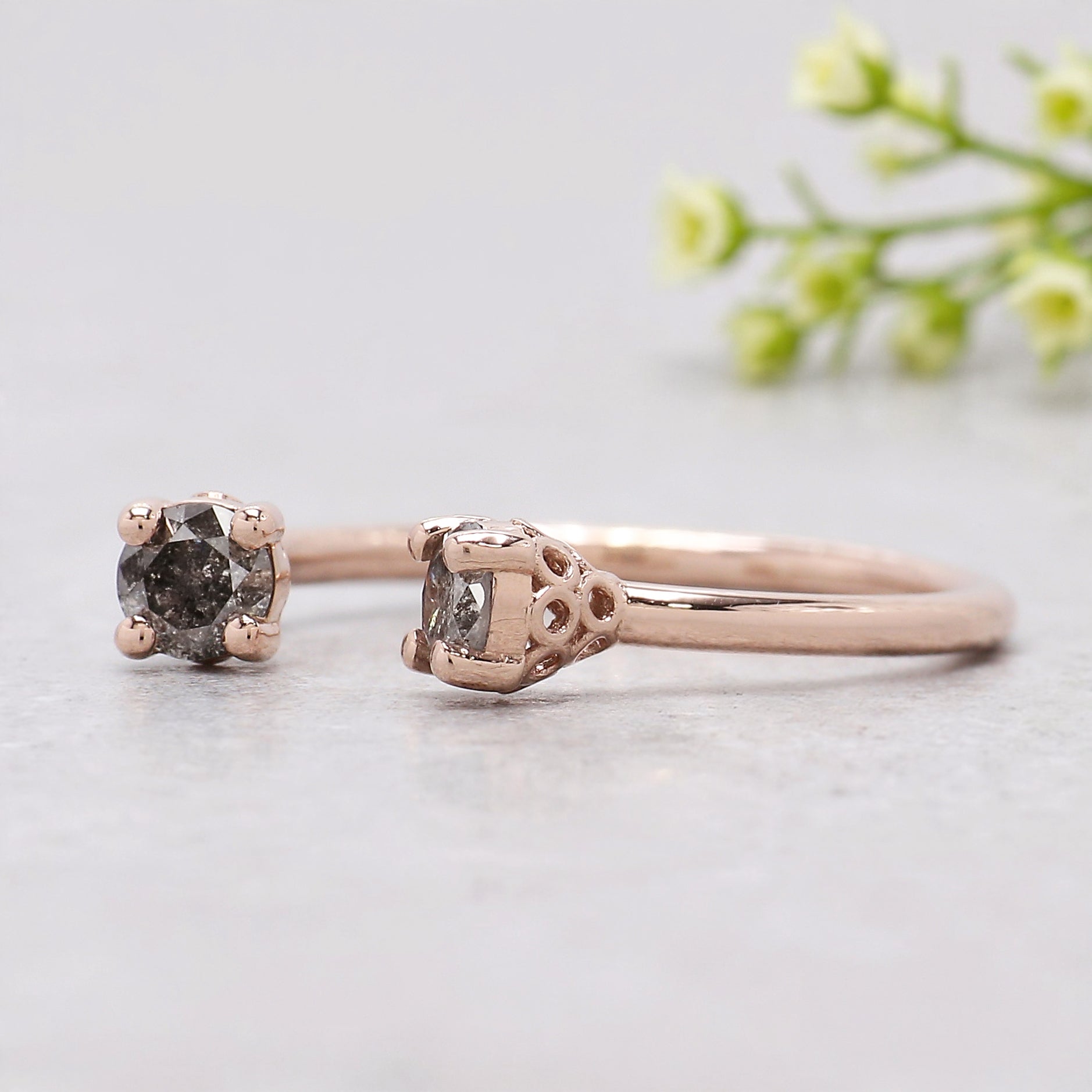 0.40 Ct Natural Round Salt And Pepper Diamond Ring 3.70 MM Open Gap Round Diamond Ring 14K Solid Rose Gold Silver Engagement Ring KDL1062