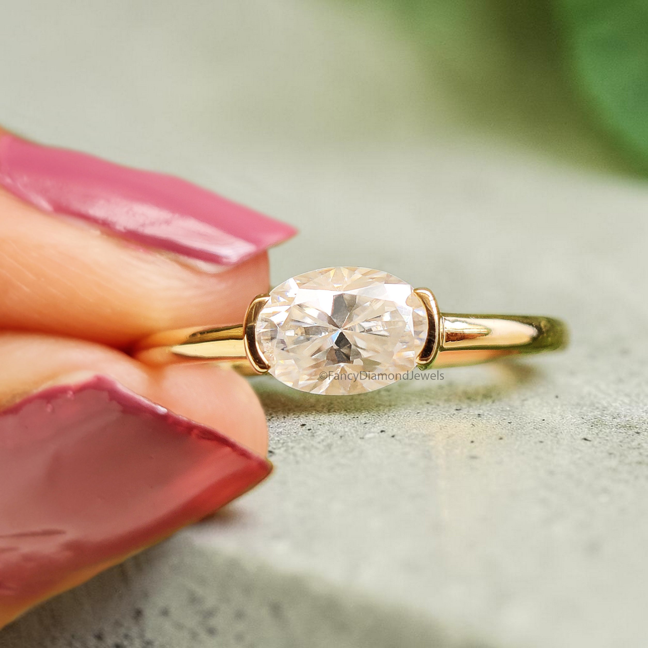 Oval Shape Lab Grown Diamond Half Bezel Ring Solid Gold, Thin Dainty Ring, Oval Diamond Pinky Ring, Minimal Wedding Band Gift For Her FD564