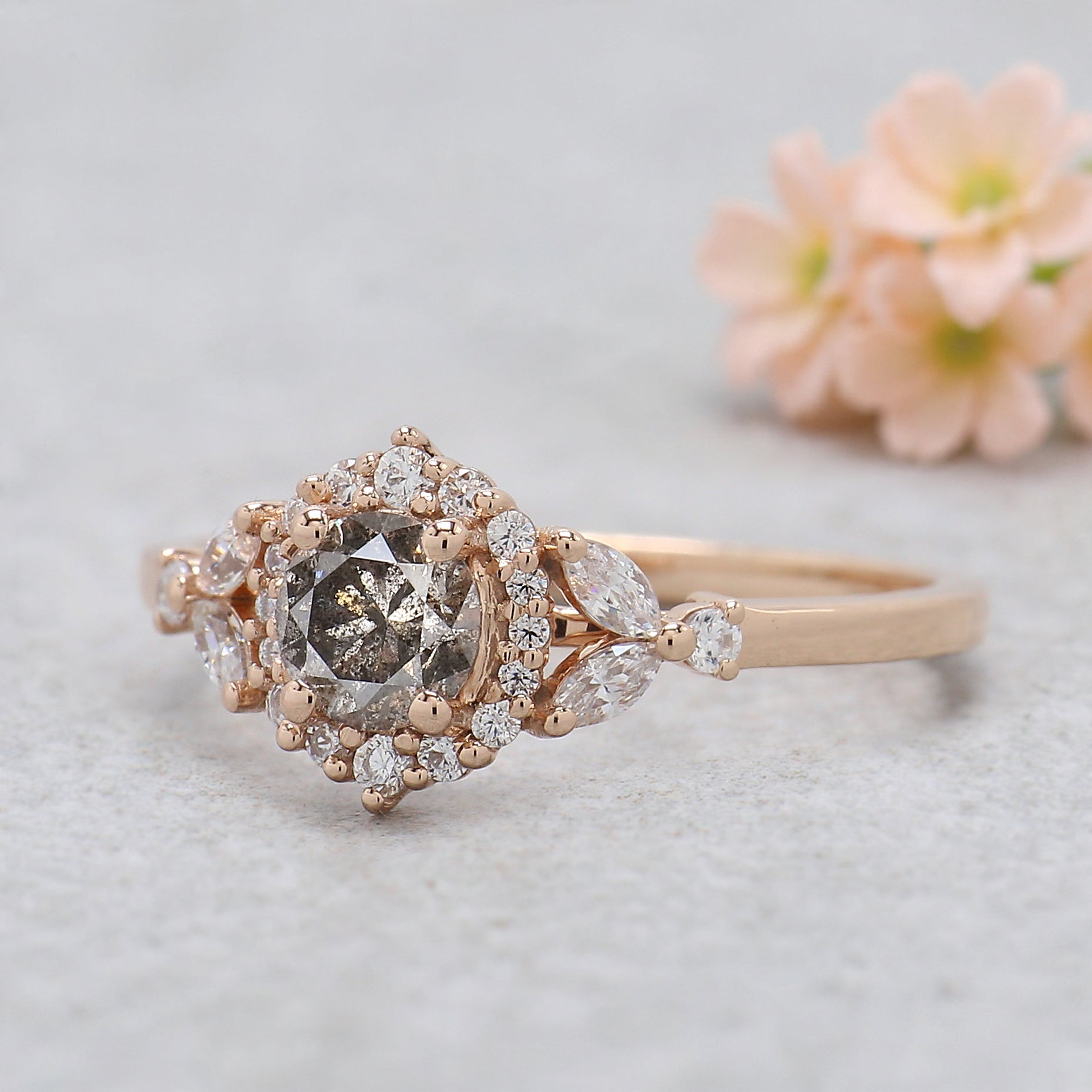 0.45 Ct Natural Round Shape Salt And Pepper Diamond Ring 4.80 MM Round Cut Diamond Ring 14K Solid Rose Gold Silver Engagement Ring KDN810