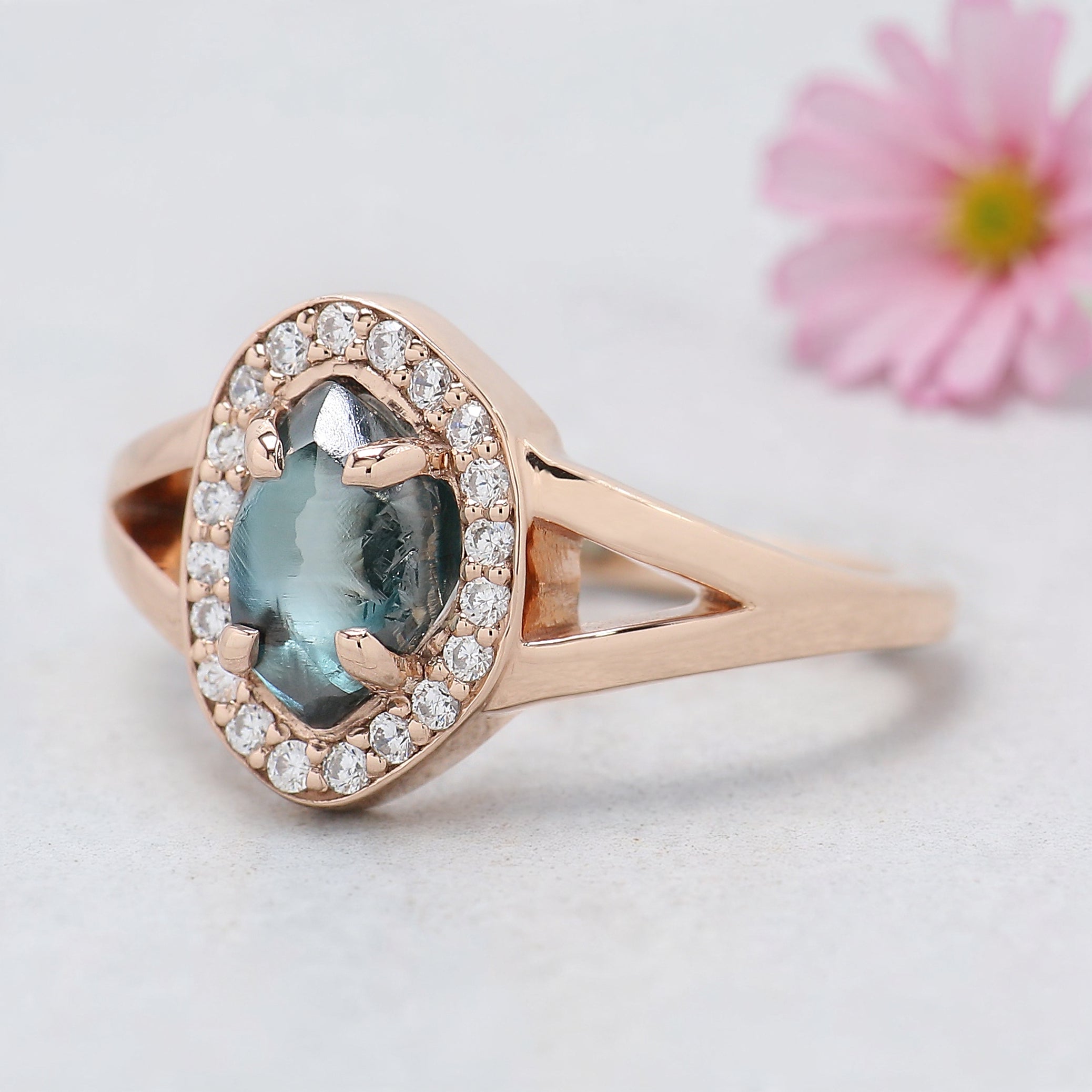 Rough Blue Color Diamond Ring 1.40 Ct 8.04 MM Crystal Rough Diamond Ring 14K Solid Rose Gold Silver Engagement Ring Gift For Her QL2295