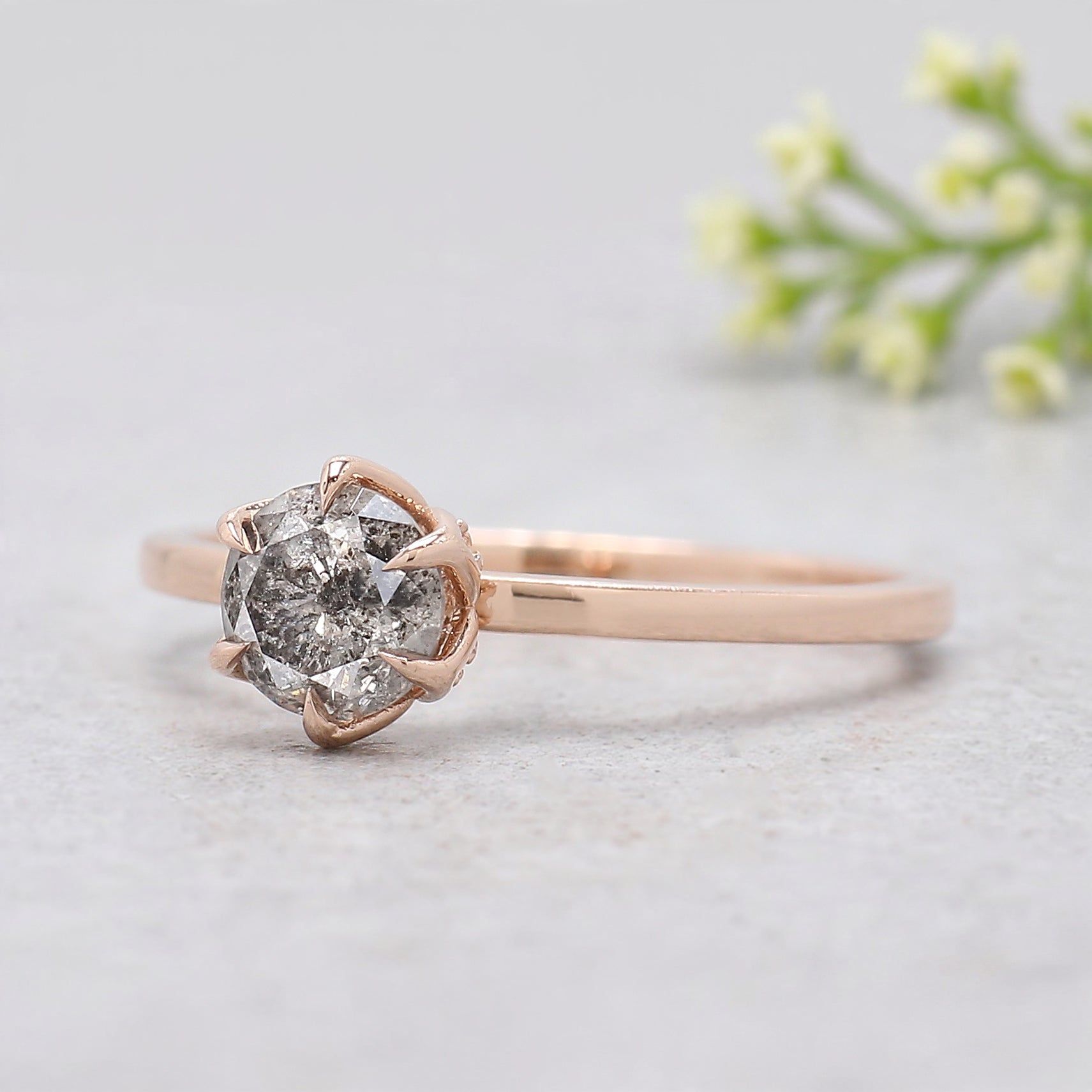 0.65 Ct Natural Round Shape Salt And Pepper Diamond Ring 5.37 MM Round Cut Diamond Ring 14K Solid Rose Gold Silver Engagement Ring KDL3486