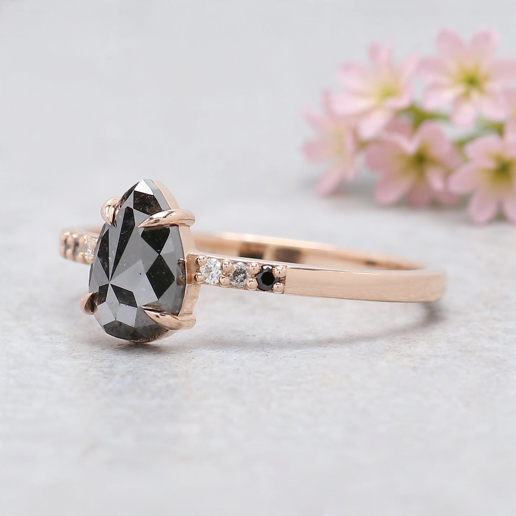 0.89 Ct Pear Shape Black Color Diamond Ring 7.65 MM Pear Cut Diamond Ring 14K Solid Rose Gold Silver Engagement Ring Gift For Her KDN1754