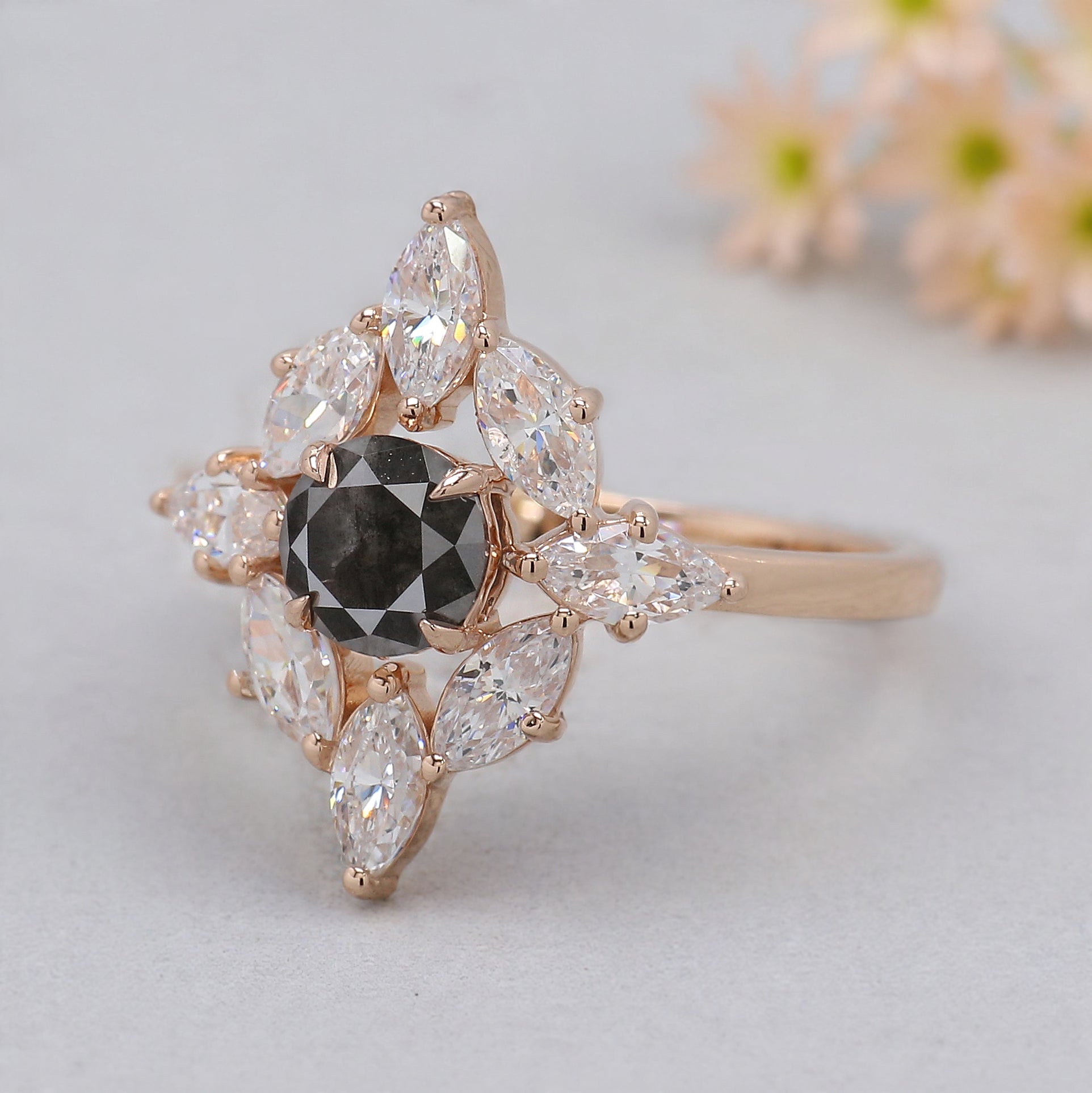 0.68 Ct Natural Round Shape Salt And Pepper Diamond Ring 5.30 MM Round Cut Diamond Ring 14K Solid Rose Gold Silver Engagement Ring KDL1765