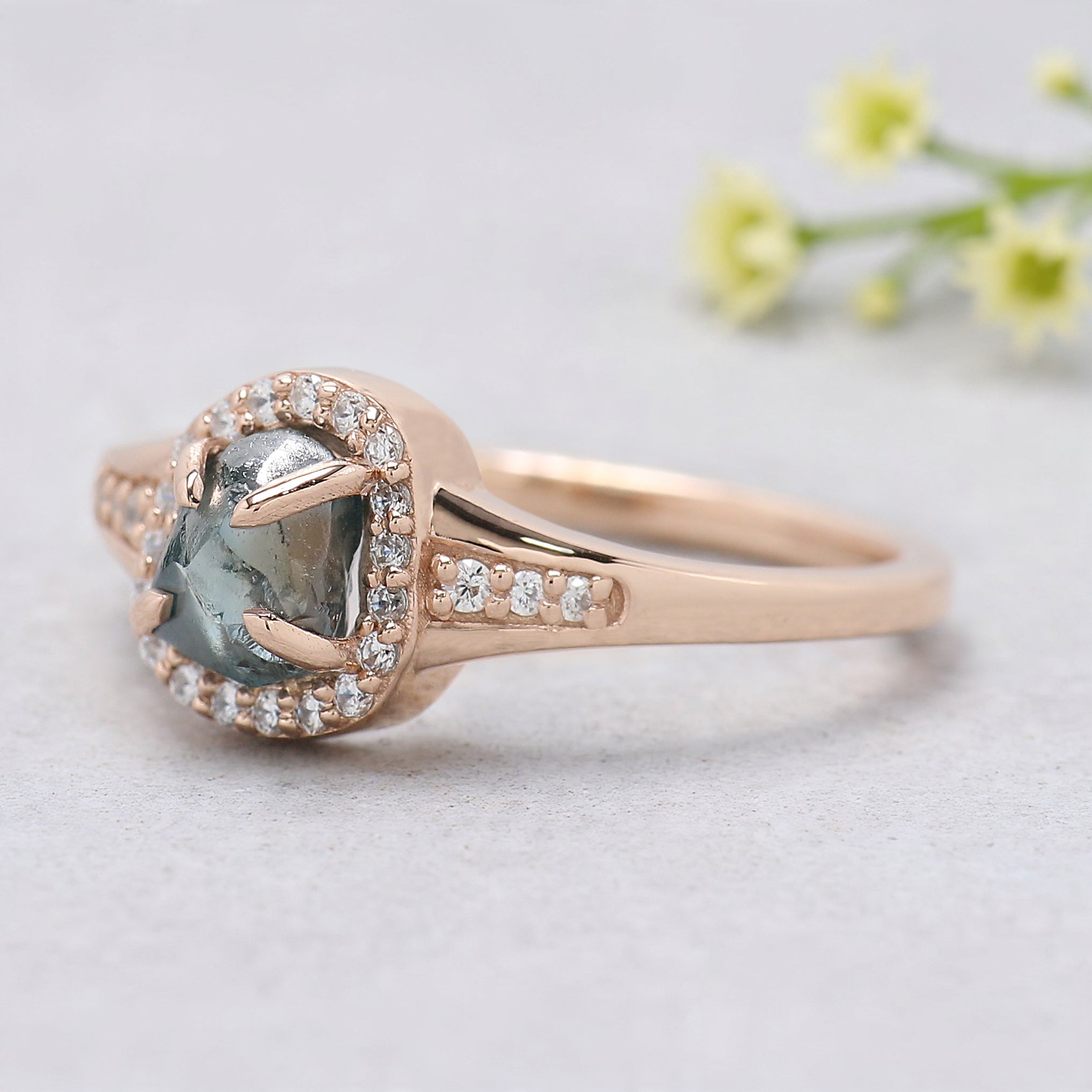 Rough Blue Color Diamond Ring 1.12 Ct 6.12 MM Crystal Rough Diamond Ring 14K Solid Rose Gold Silver Engagement Ring Gift For Her QL2319