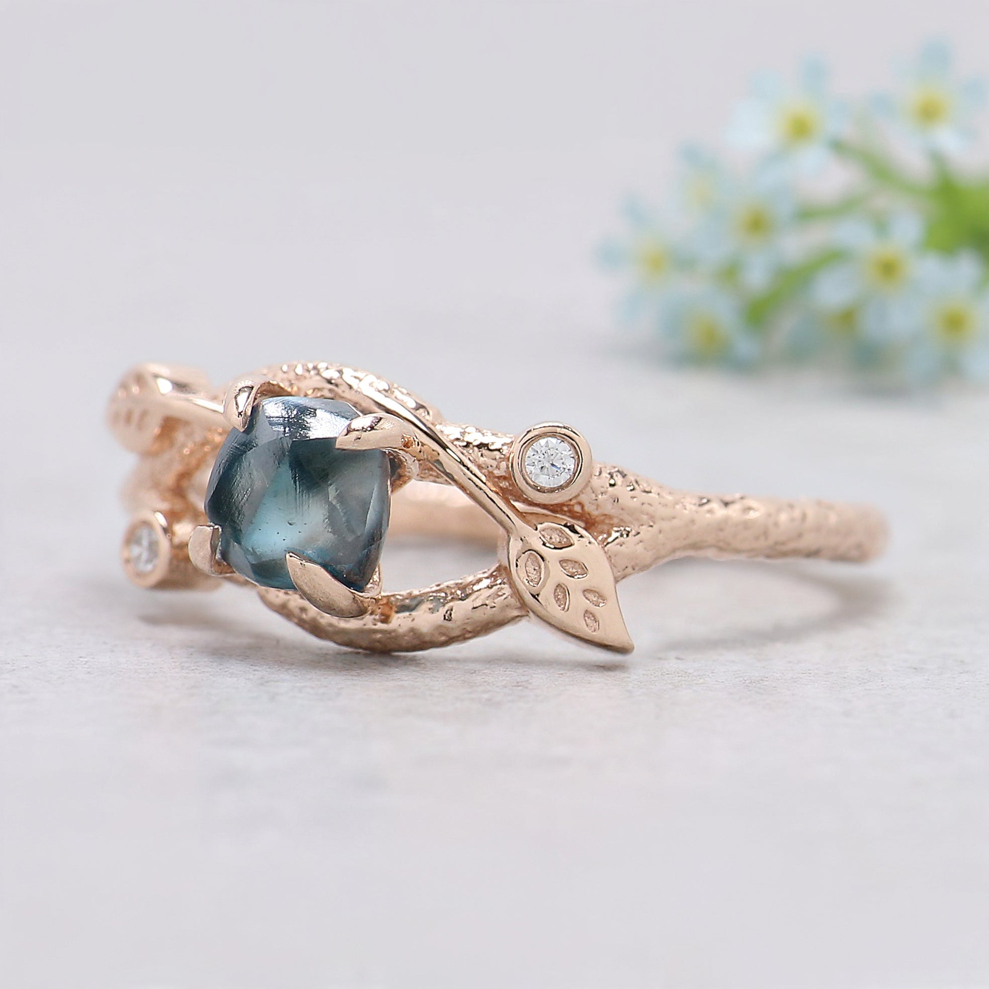 Rough Blue Color Diamond Ring 0.81 Ct 5.45 MM Crystal Rough Diamond Ring 14K Solid Rose Gold Silver Engagement Ring Gift For Her QL2228