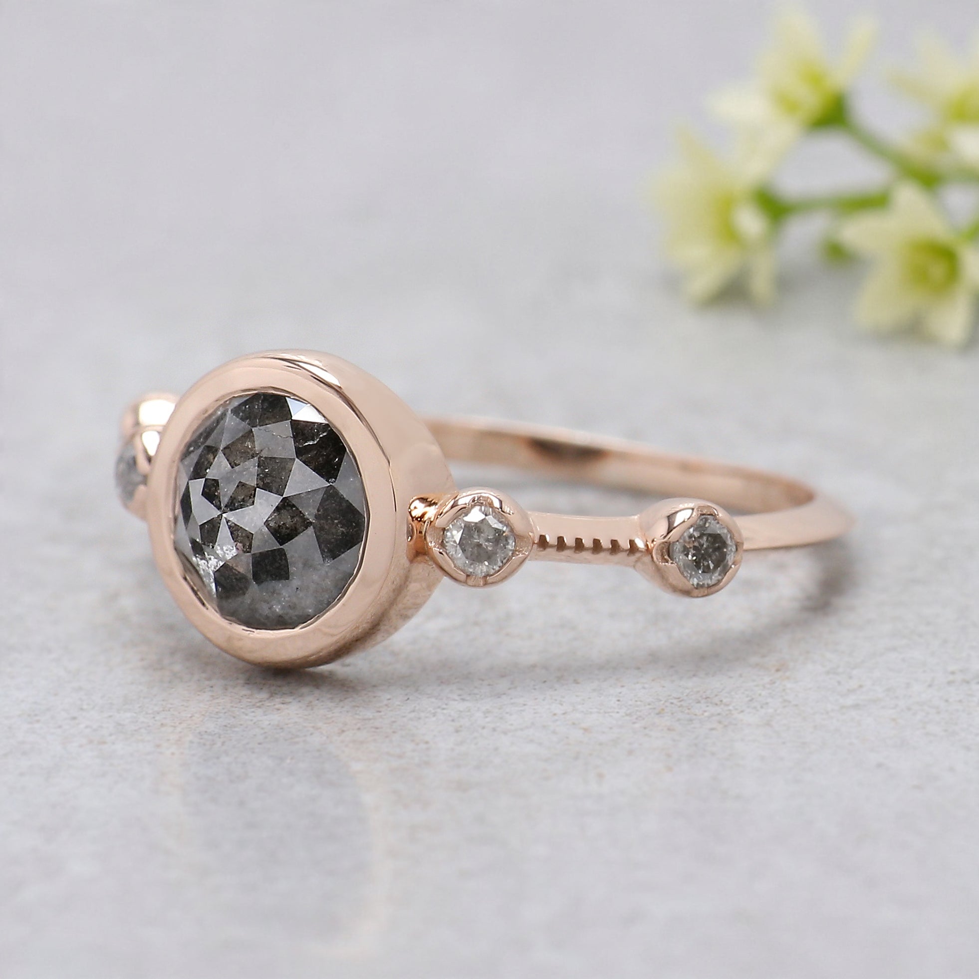 Round Rose Cut Salt And Pepper Diamond Ring 1.23 Ct 6.80 MM Round Cut Diamond Ring 14K Rose Gold Silver Engagement Ring Gift For Her KDL1167