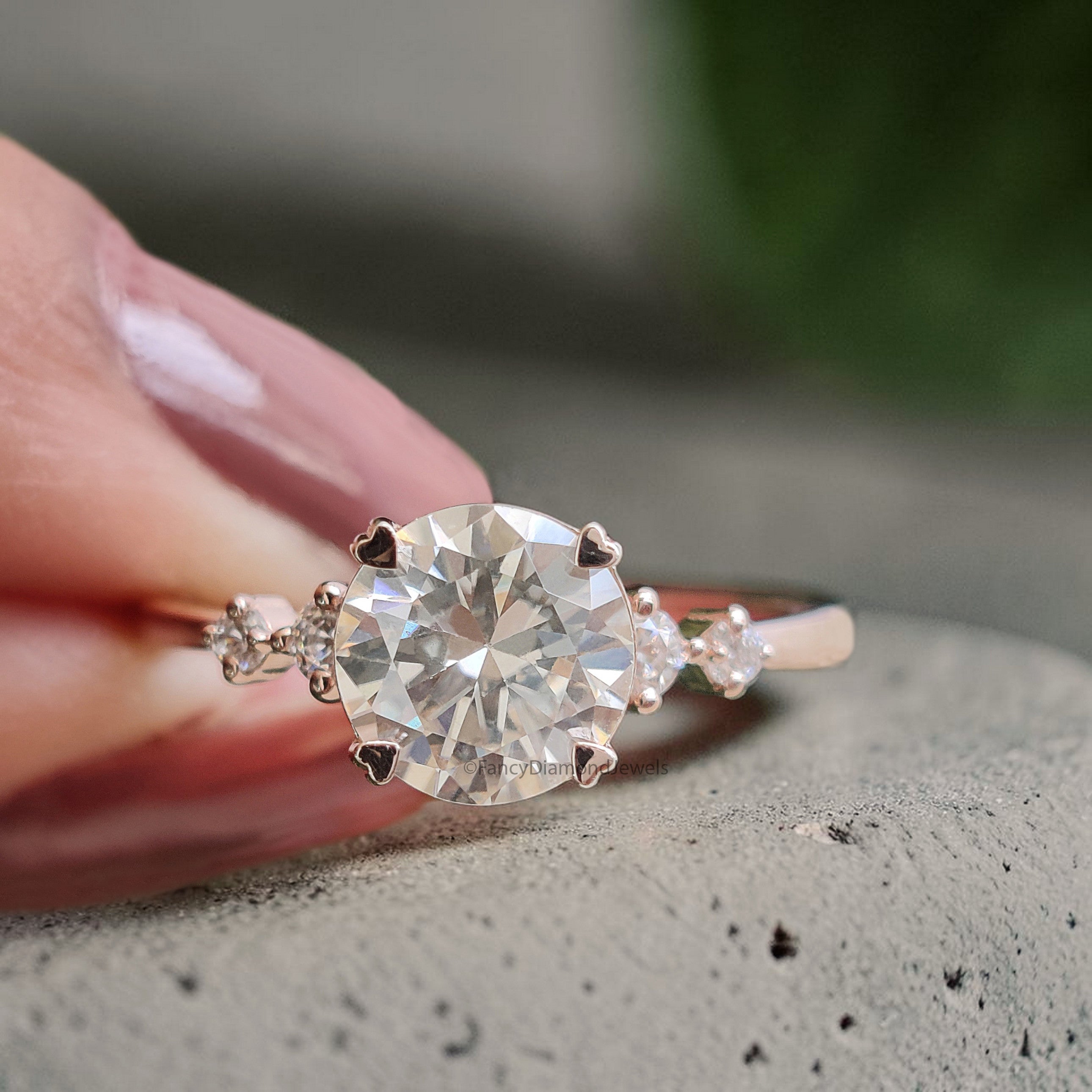 Dainty Engagement Ring 7 MM Round Cut Moissanite Ring 14K Rose Gold Ring Prong Set Ring Stack Ring Promise Bridal Ring Ring For Women FD105
