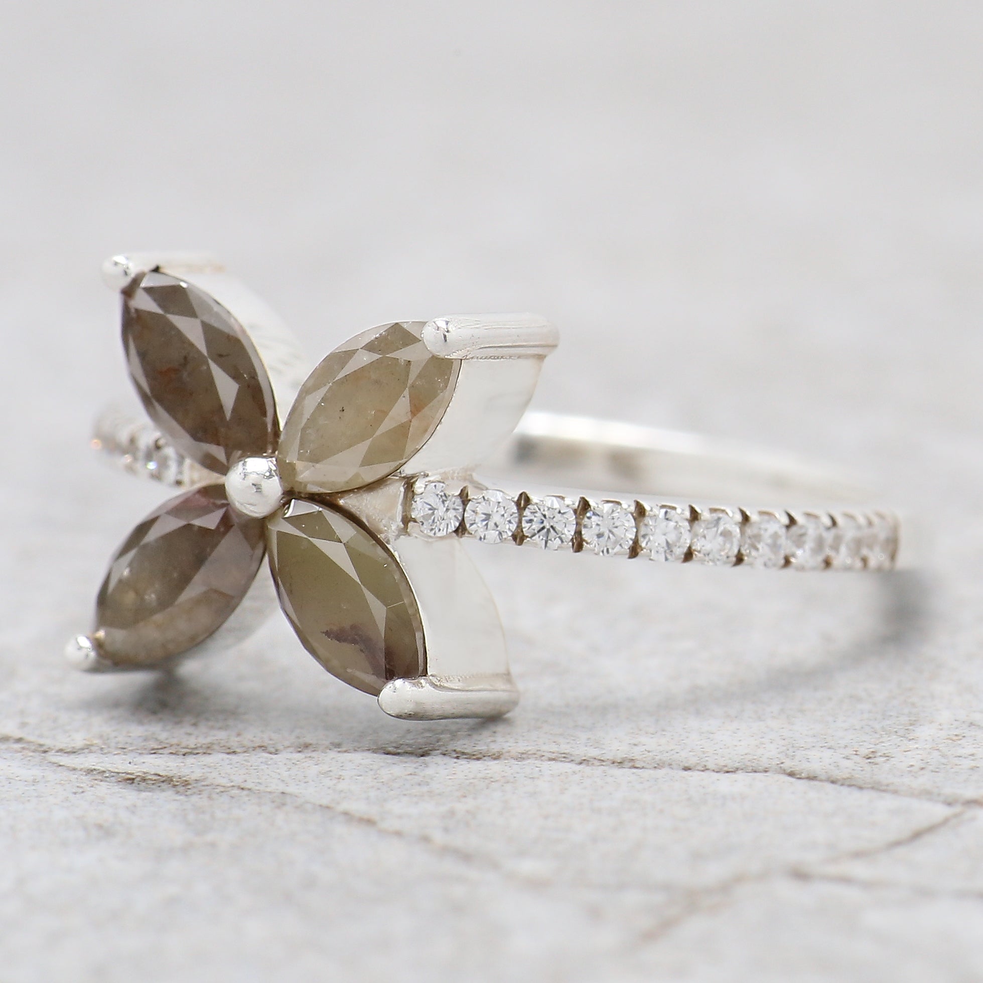 Marquise Yellow Color Diamond Ring 1.01 Ct 6.00 MM Grey Marquise Cut Diamond Ring 14K White Gold Silver Engagement Ring Gift For Her QL9113