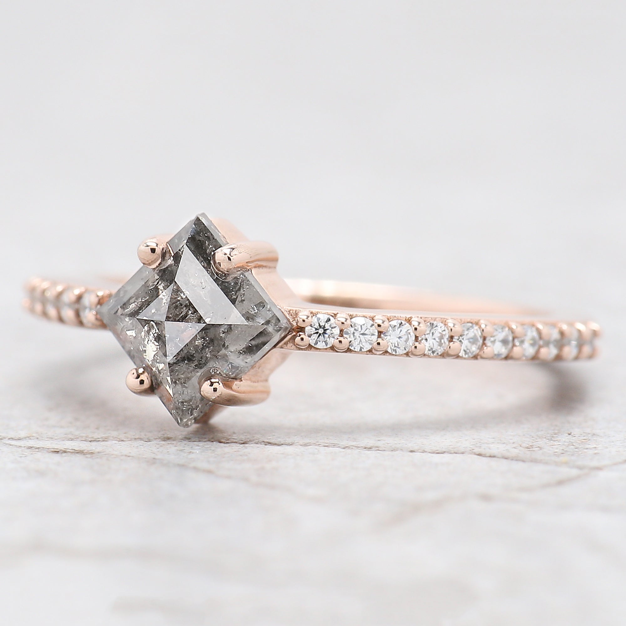 Kite Cut Salt And Pepper Diamond Ring 0.98 Ct 7.70 MM Kite Diamond Ring 14K Solid Rose Gold Silver Kite Engagement Ring Gift For Her QL9339