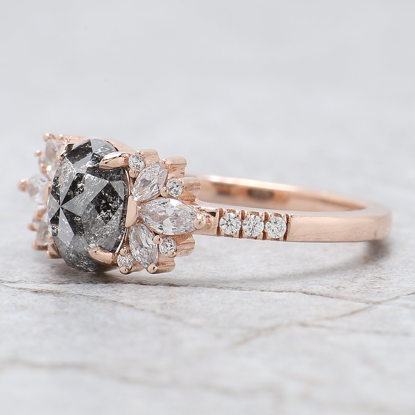 Oval Cut Salt And Pepper Diamond Ring 1.18 Ct 7.45 MM Oval Diamond Ring 14K Solid Rose Gold Silver Oval Engagement Ring Gift For Her QL2273