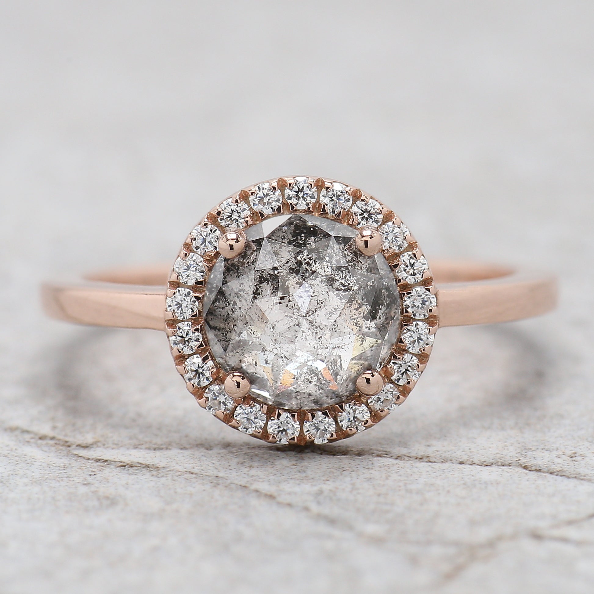 Round Rose Cut Salt And Pepper Diamond Ring 1.70 Ct 7.30 MM Round Shape Diamond Ring 14K Rose Gold Silver Engagement Ring Gift For Her QL882