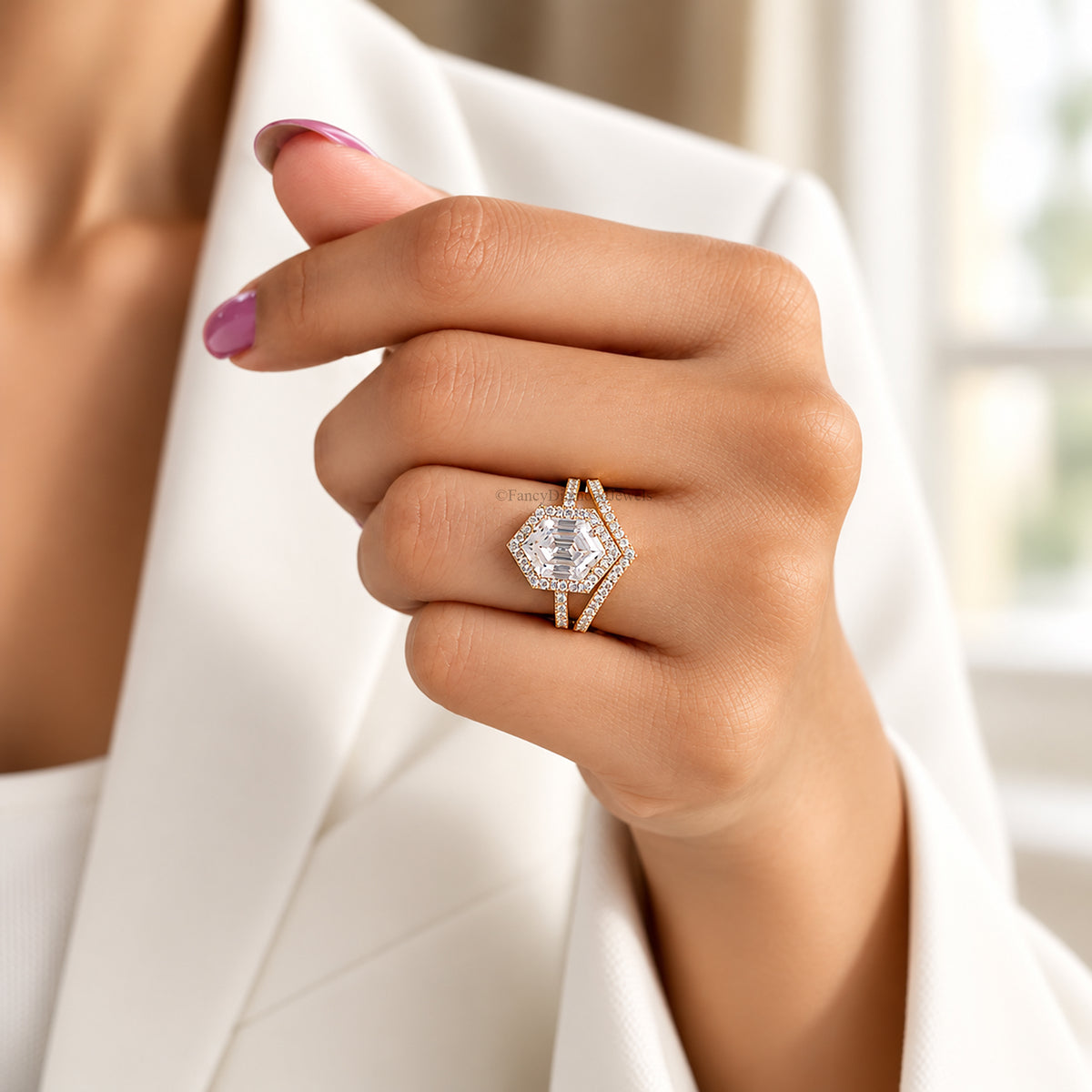 2.35 CT Hexagon Cut Engagement Ring set in Solid Yellow 10K/14k/18k Gold Hexagon Cut Solitaire Engagement Ring Bridal Wedding Ring Set FD605
