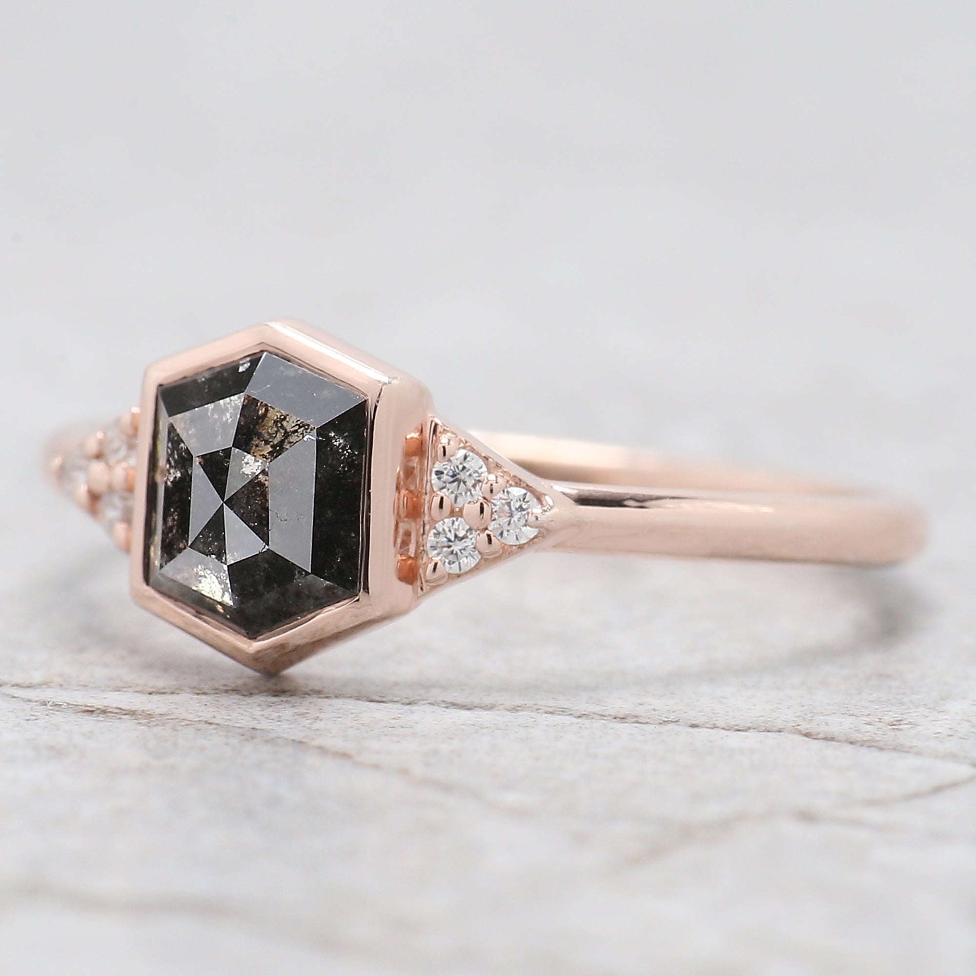 Hexagon Salt And Pepper Diamond Ring 0.89 Ct 6.37 MM Hexagon Cut Diamond Ring 14K Solid Rose Gold Silver Engagement Ring Gift For Her QL2163