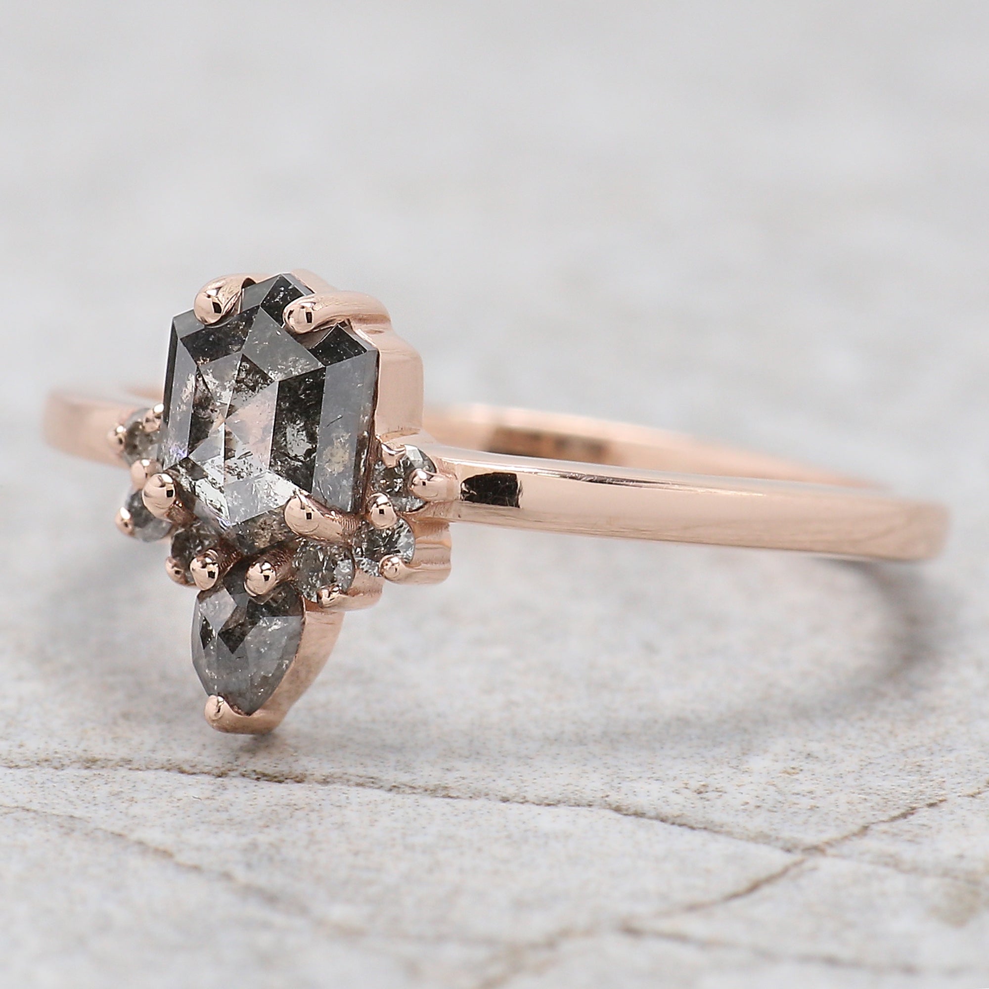 0.69 Ct Natural Hexagon Shape Salt And Pepper Diamond Ring 6.00 MM Hexagon Cut Diamond Ring 14K Solid Rose Gold Silver Engagement Ring QN849