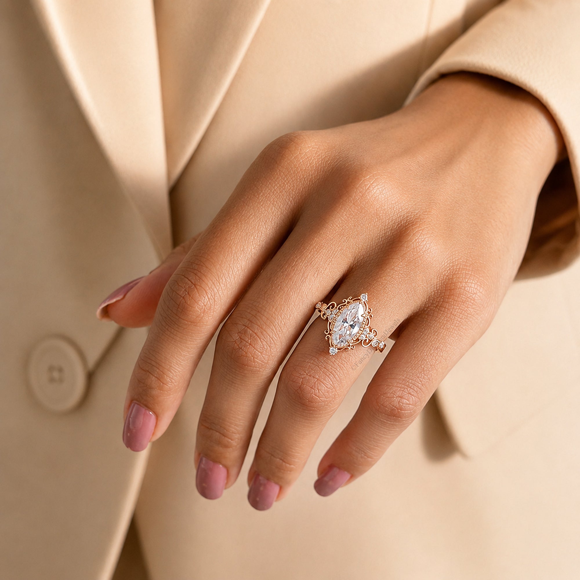 Floral Marquise Cut Moissanite Elegant Ring Nature Inspire Art Deco Engagement Ring in 14K Solid Yellow Gold Ring Unique Bridal Gift FD583