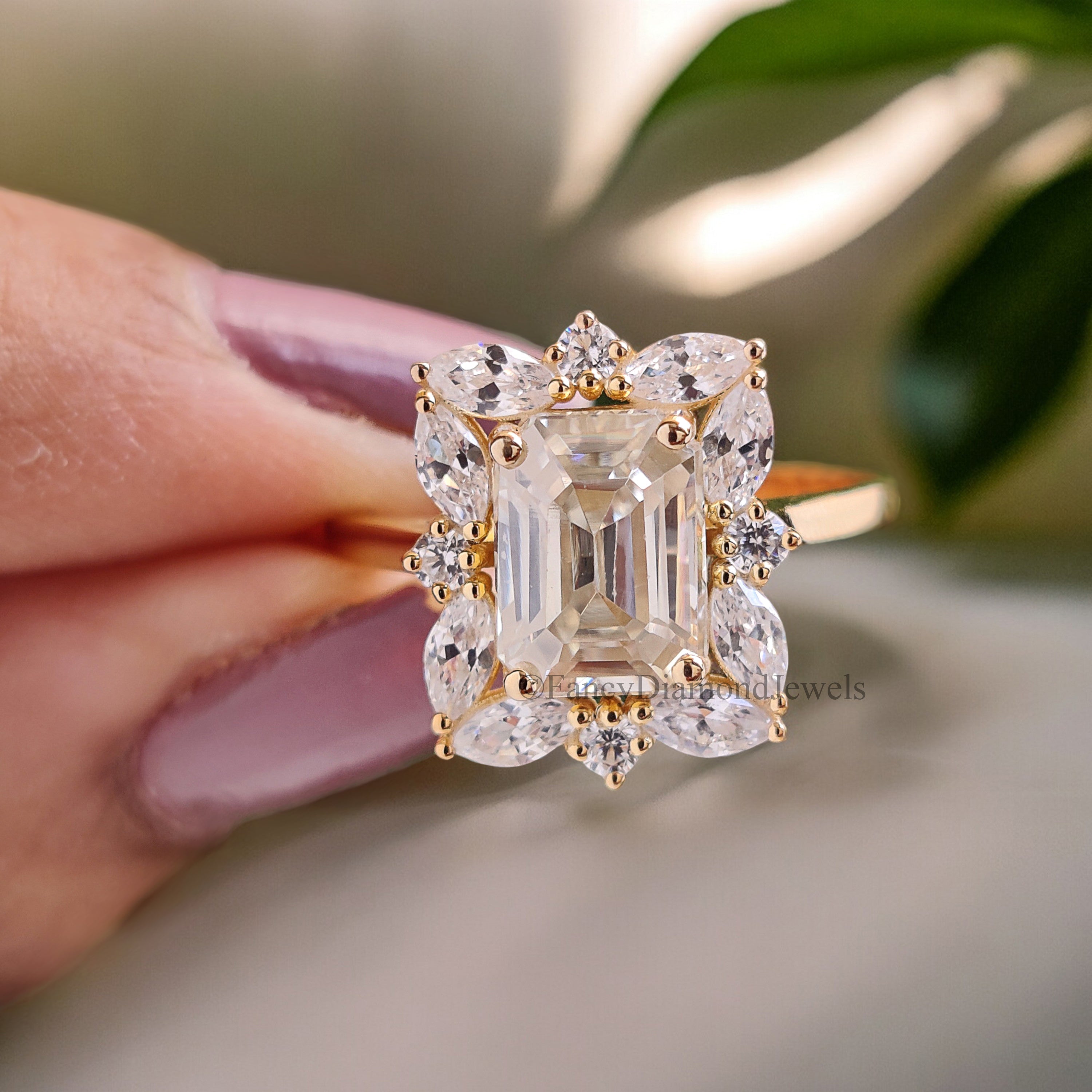 3Pcs Emerald cut Moissanite engagement ring set yellow gold Unique Art deco Cluster Wedding ring vintage Bridal Anniversary ring set FD187