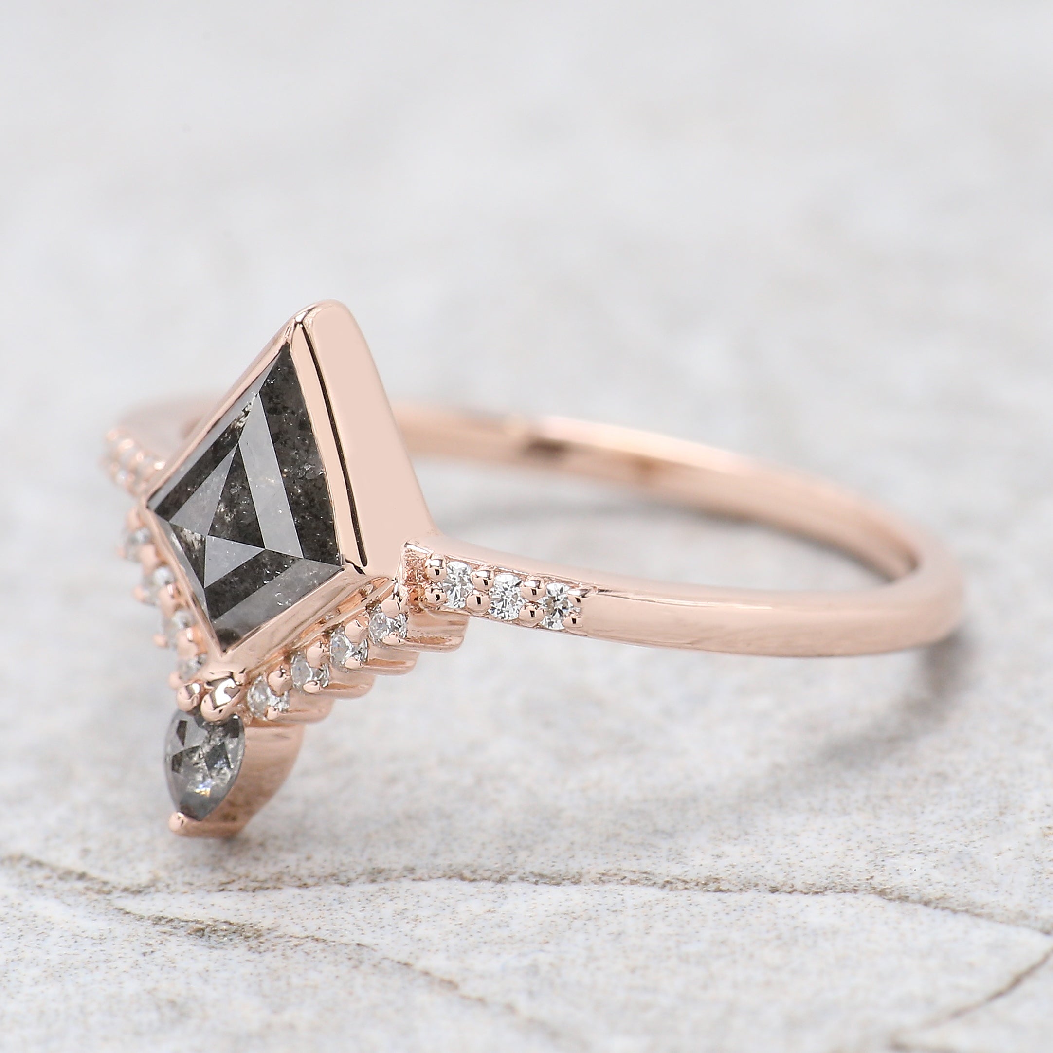 Kite Cut Salt And Pepper Diamond Ring 0.60 Ct 7.20 MM Kite Diamond Ring 14K Solid Rose Gold Silver Kite Engagement Ring Gift For Her QN2095