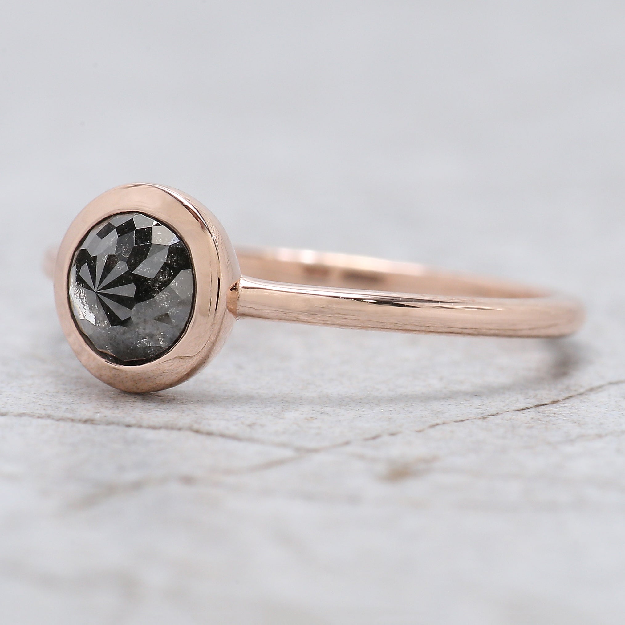 Round Rose Cut Salt And Pepper Diamond Ring 0.90 Ct 5.60 MM Round Shape Diamond Ring 14K Rose Gold Silver Engagement Ring Gift For Her QN8896