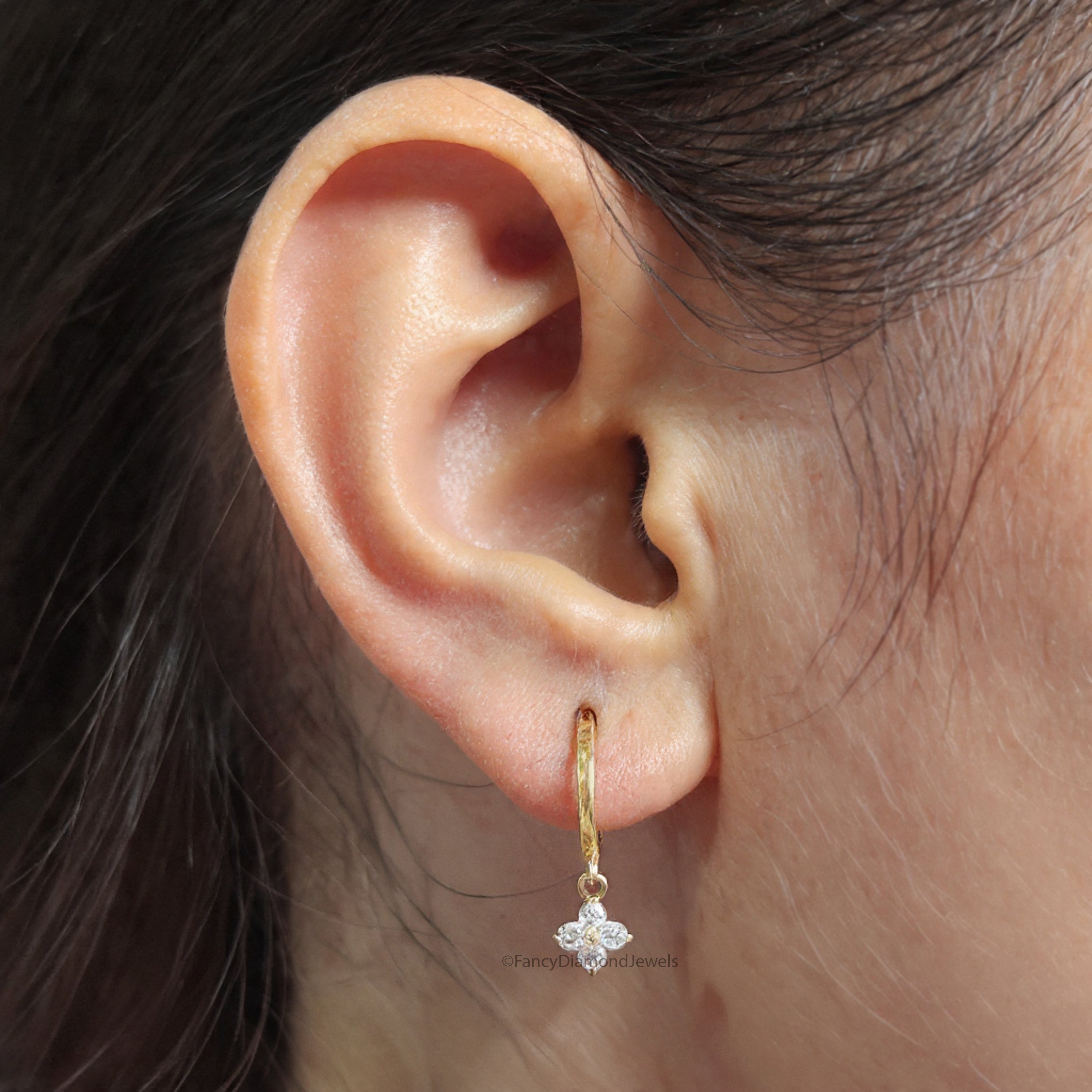 Round Diamond Flower Huggie Hoop Earrings, Minimalist Gold Dangle Earrings, Dainty Diamond Hoop, Bridesmaid Gift for Mom, Gift for Her FD551