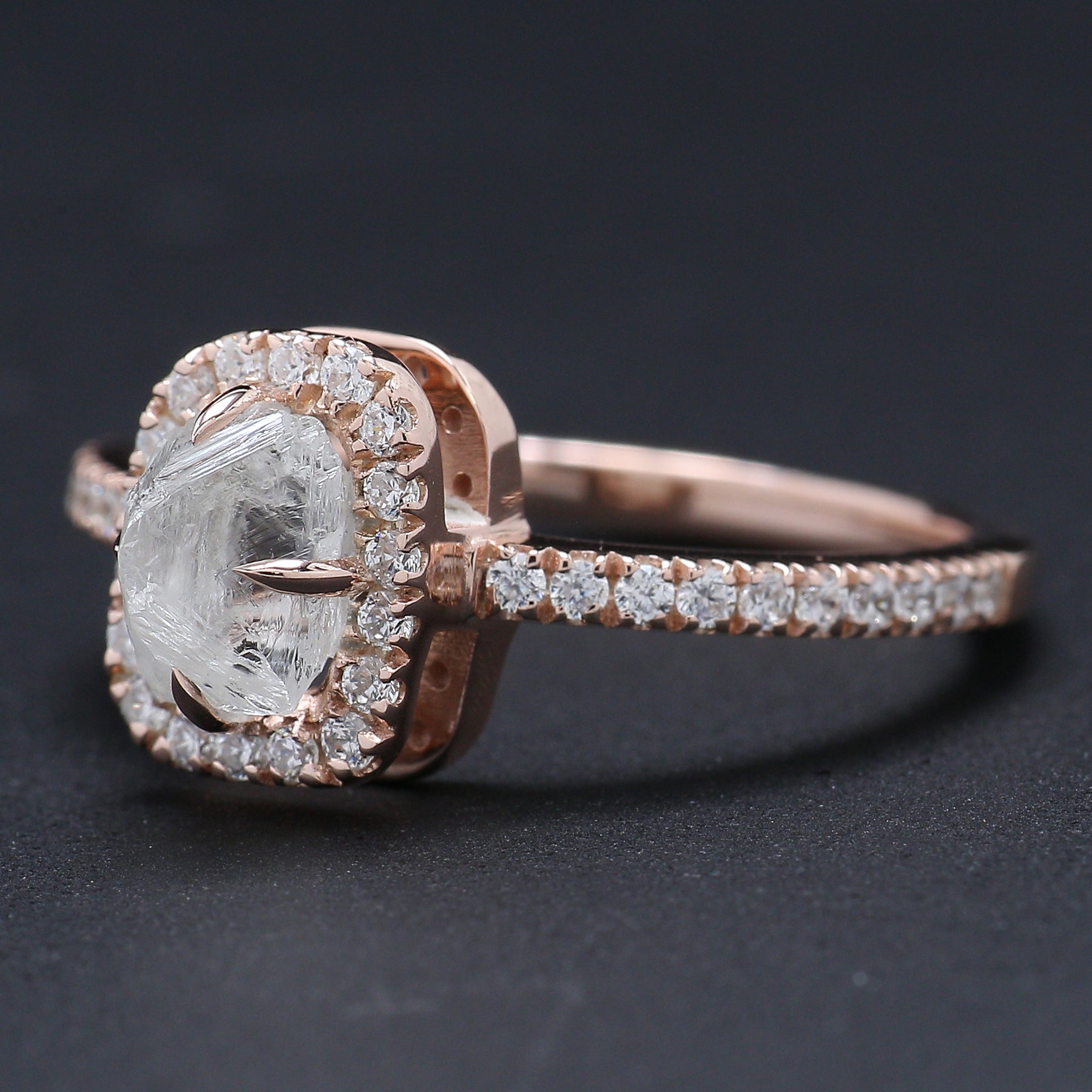 Rough White-F Color Diamond Ring 1.40 Ct 6.86 MM Crystal Rough Diamond Ring 14K Solid Rose Gold Silver Engagement Ring Gift For Her KDL2496