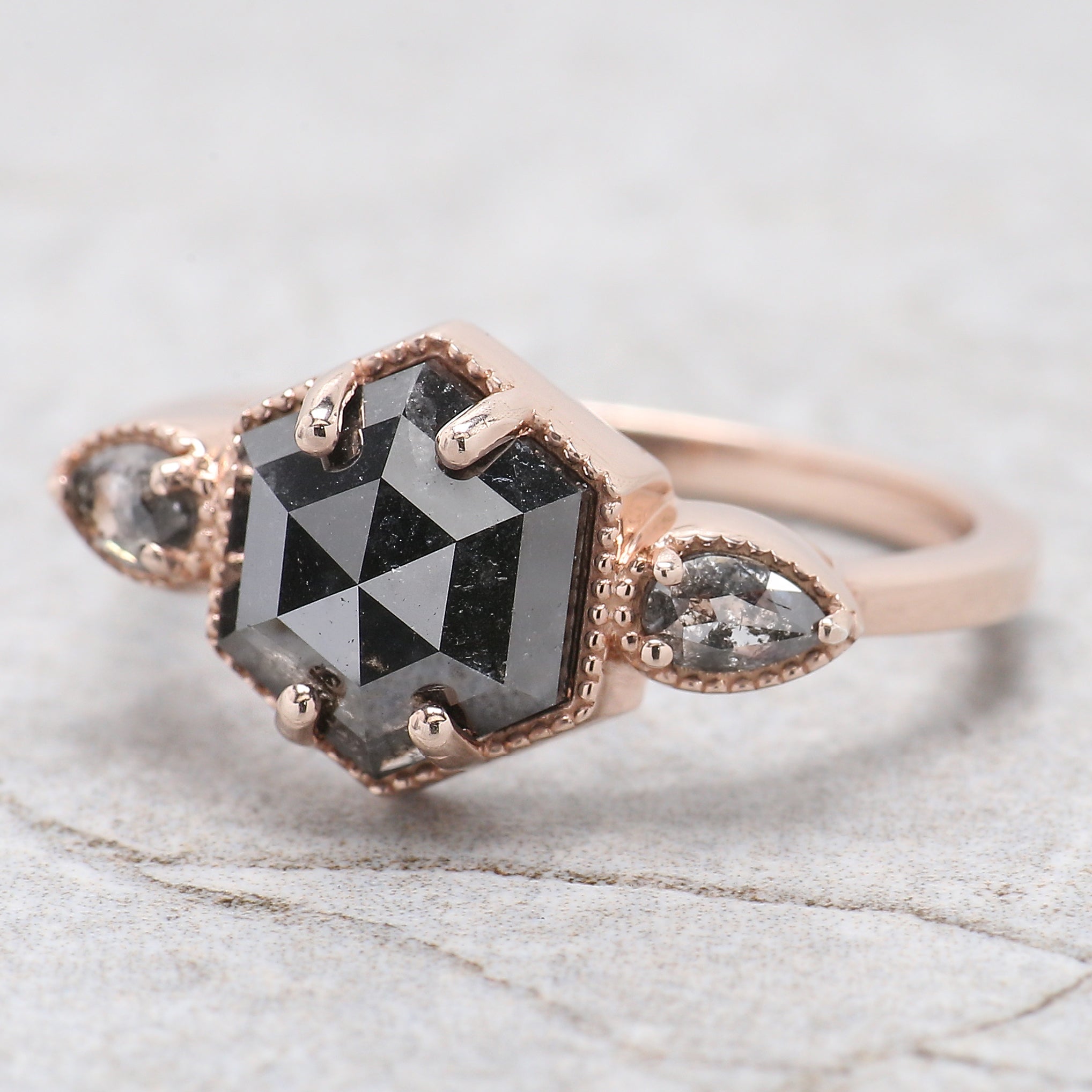 2.45 Ct Natural Hexagon Salt And Pepper Diamond Ring 9.25 MM Hexagon Shape Diamond Ring 14K Solid Rose Gold Silver Engagement Ring QL1092