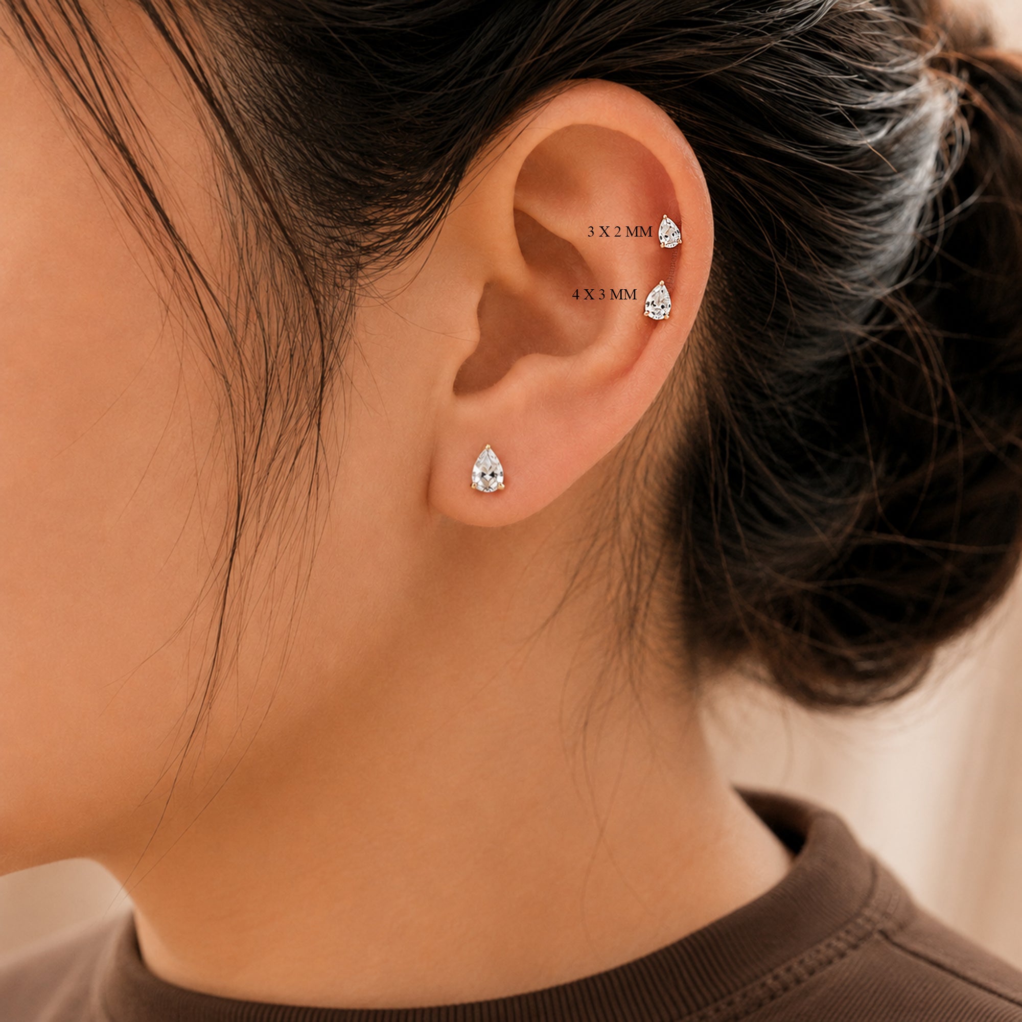 14K Gold Pear Cut Moissanite Diamond Threadless Flat Back Earring Tiny Diamond Helix Conch Stud Minimalist Single Earring Gift For Her FD594