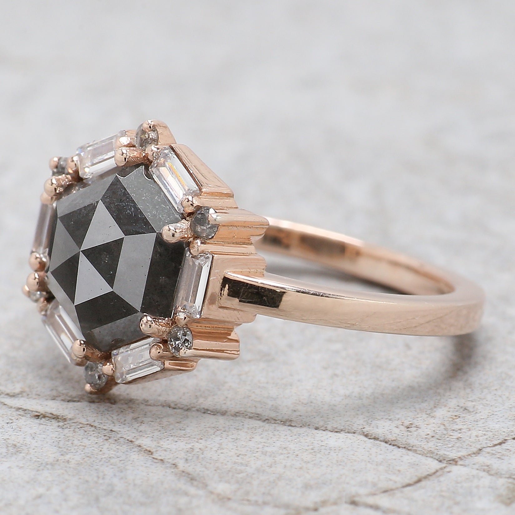 Hexagon Cut Salt And Pepper Diamond Ring 2.28 Ct 9.10 MM Hexagon Cut Diamond Ring 14K Rose Gold Silver Engagement Ring Gift For Her QL1162