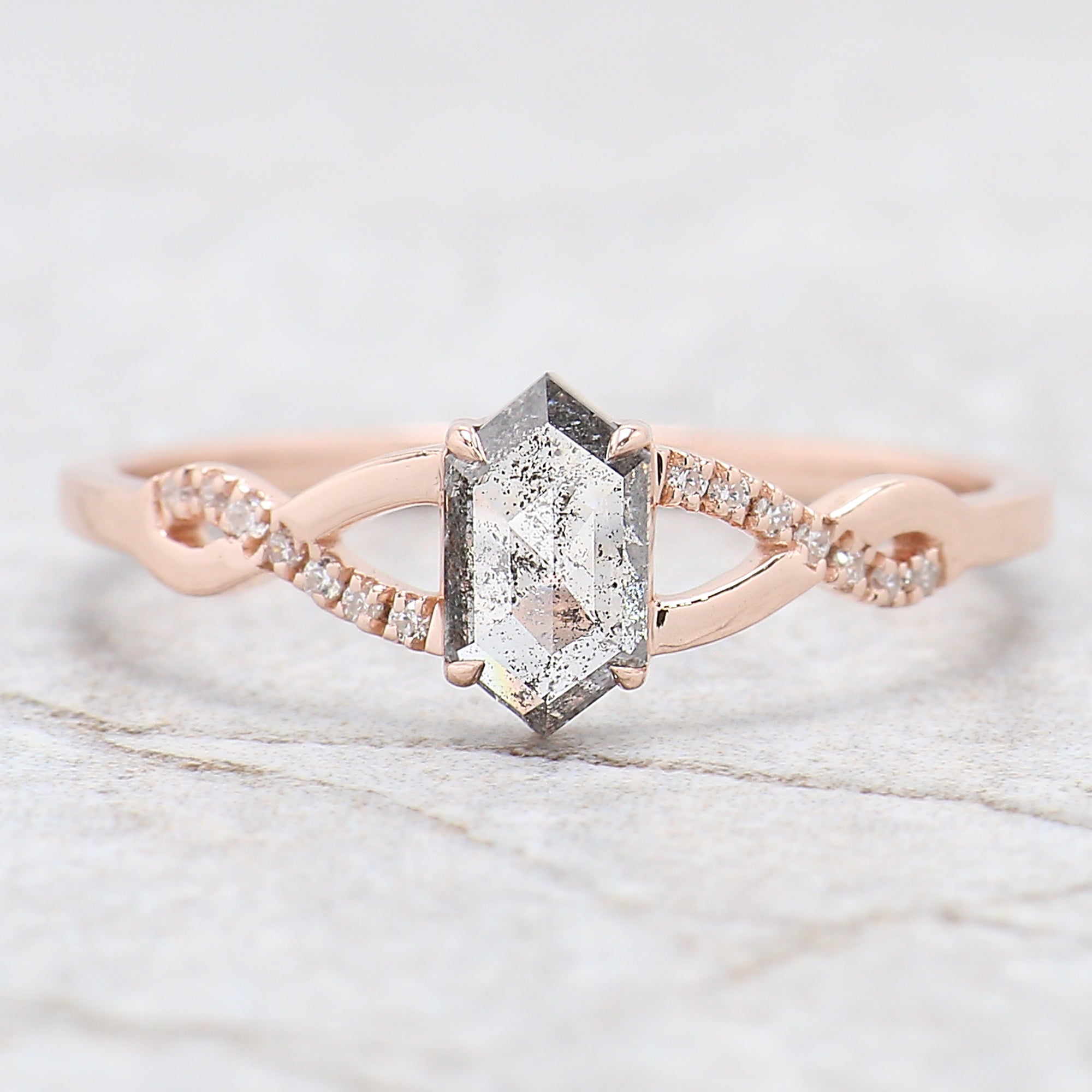 Hexagon Cut Salt And Pepper Diamond Ring 0.46 Ct 6.74 MM Hexagon Diamond Ring 14K Solid Rose Gold Silver Engagement Ring Gift For Her QN2139