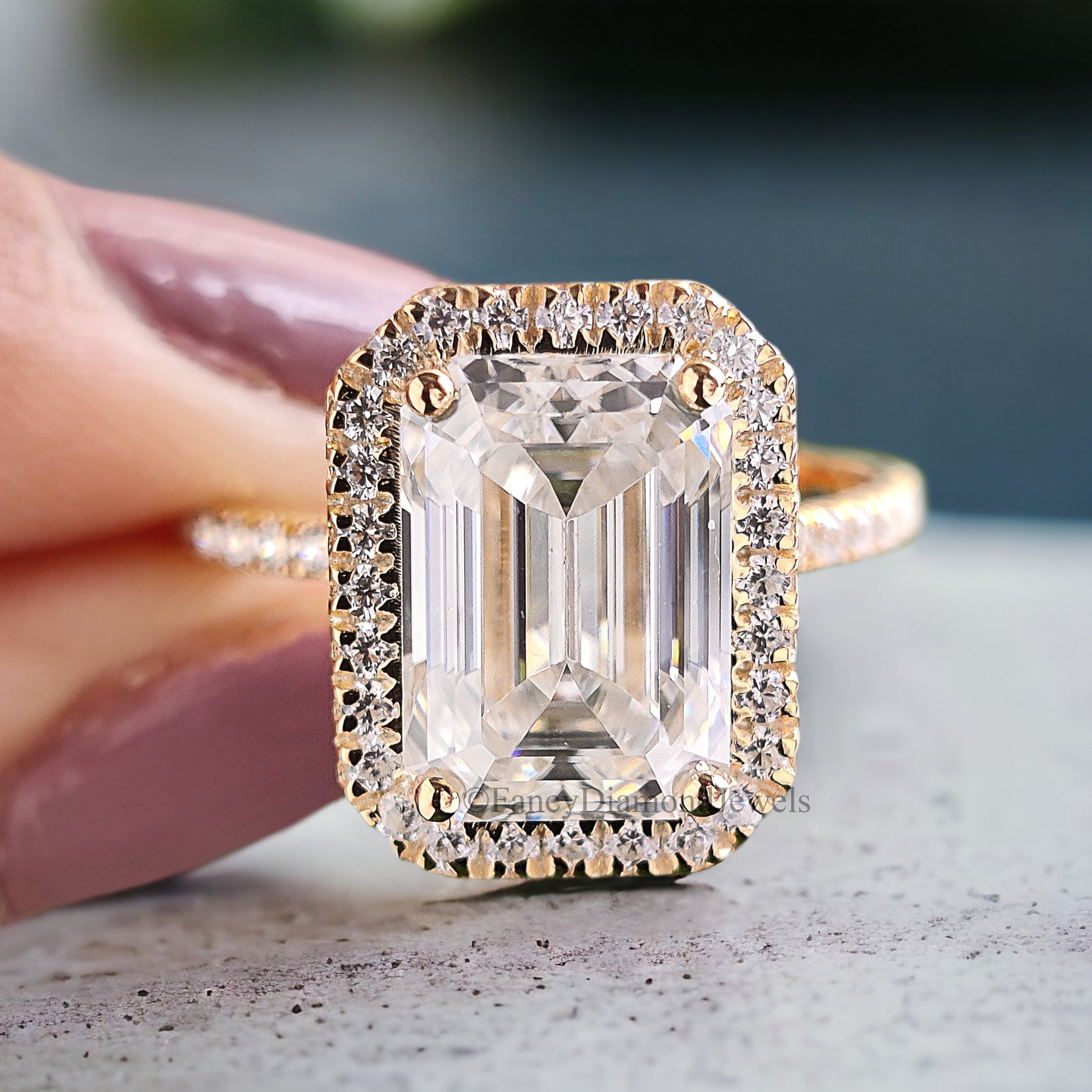 Emerald Cut Colorless Moissanite Engagement Ring 3.00 Ct Solid 14k Yellow Gold Ring Bridal Wedding Ring Halo Set Ring Gift For Her FD212