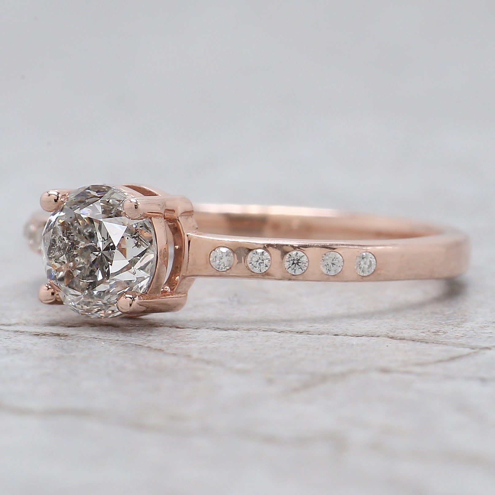 Round Cut Salt And Pepper Diamond Ring 0.84 Ct 5.61 MM Round Diamond Ring 14K Solid Rose Gold Silver Engagement Ring Gift For Her QL2657