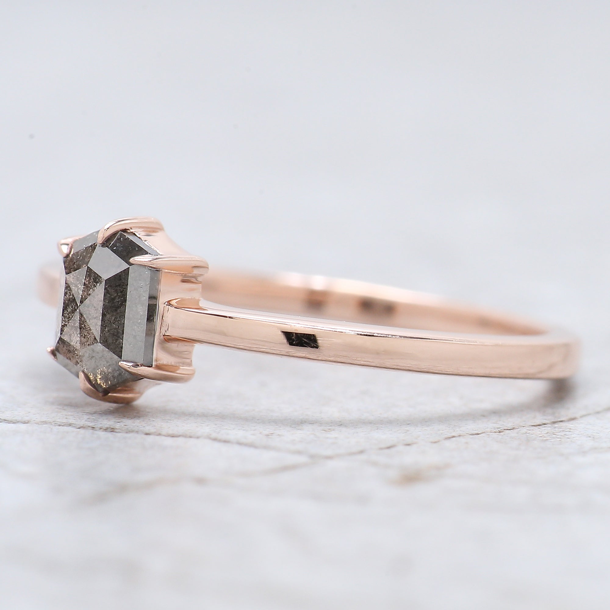 Hexagon Cut Salt And Pepper Diamond Ring 0.59 Ct 5.85 MM Hexagon Cut Diamond Ring 14K Rose Gold Silver Engagement Ring Gift For Her QL935