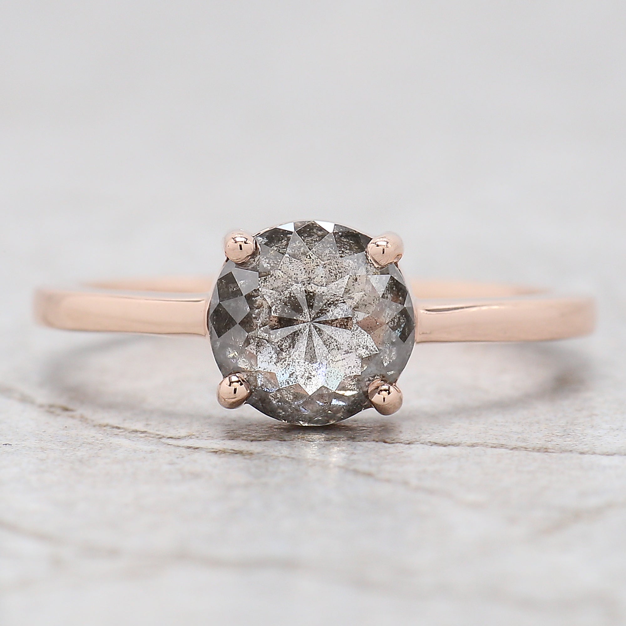 Round Rose Cut Salt And Pepper Diamond Ring 1.57 Ct 7.06 MM Round Diamond Ring 14K Rose Gold Silver Engagement Ring Gift For Her QL9234