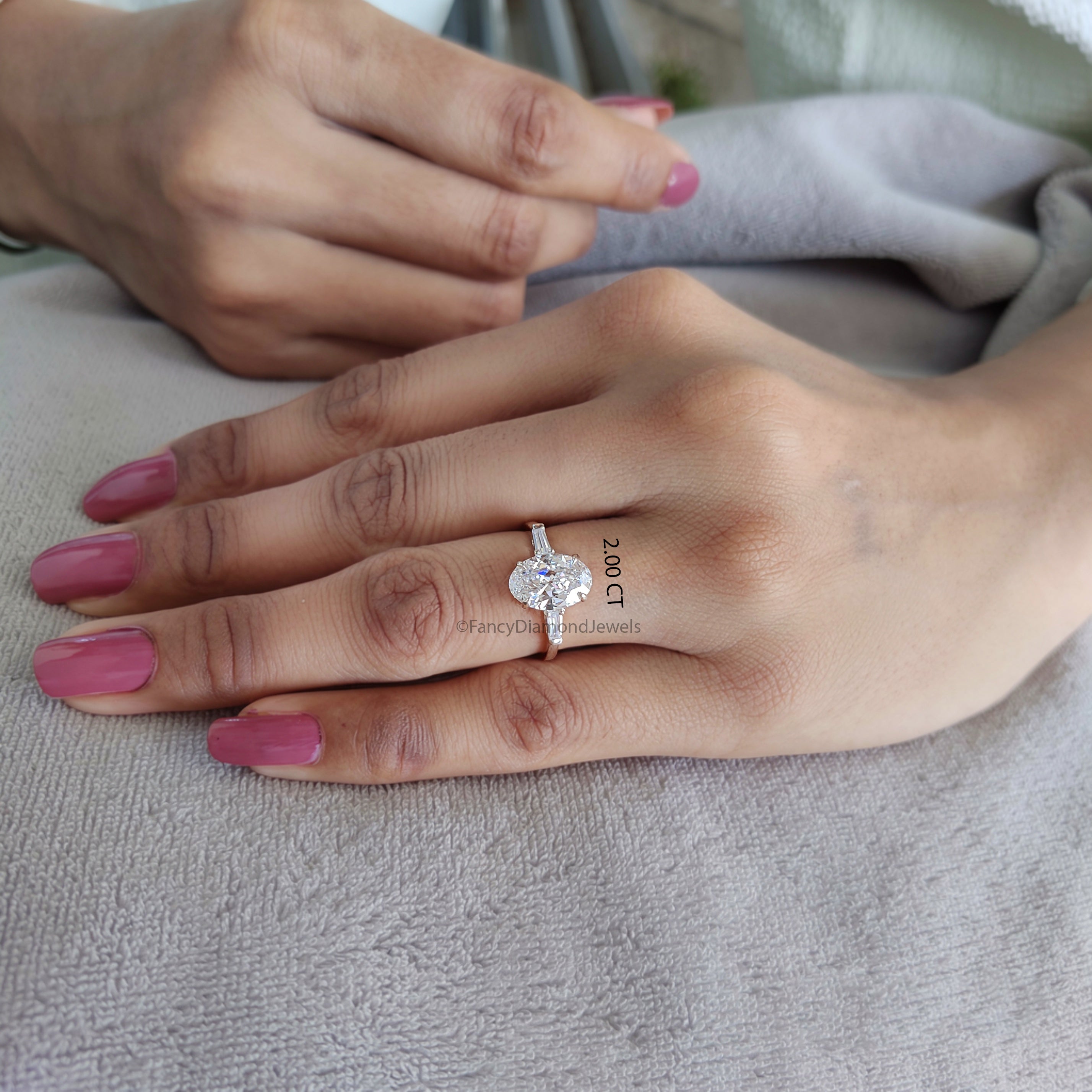 Old European Cut Oval Diamond Engagement Ring, Three Stone Oval Diamond Ring with Tapered Baguette Side Stones, Unique Bridal Ring FD554