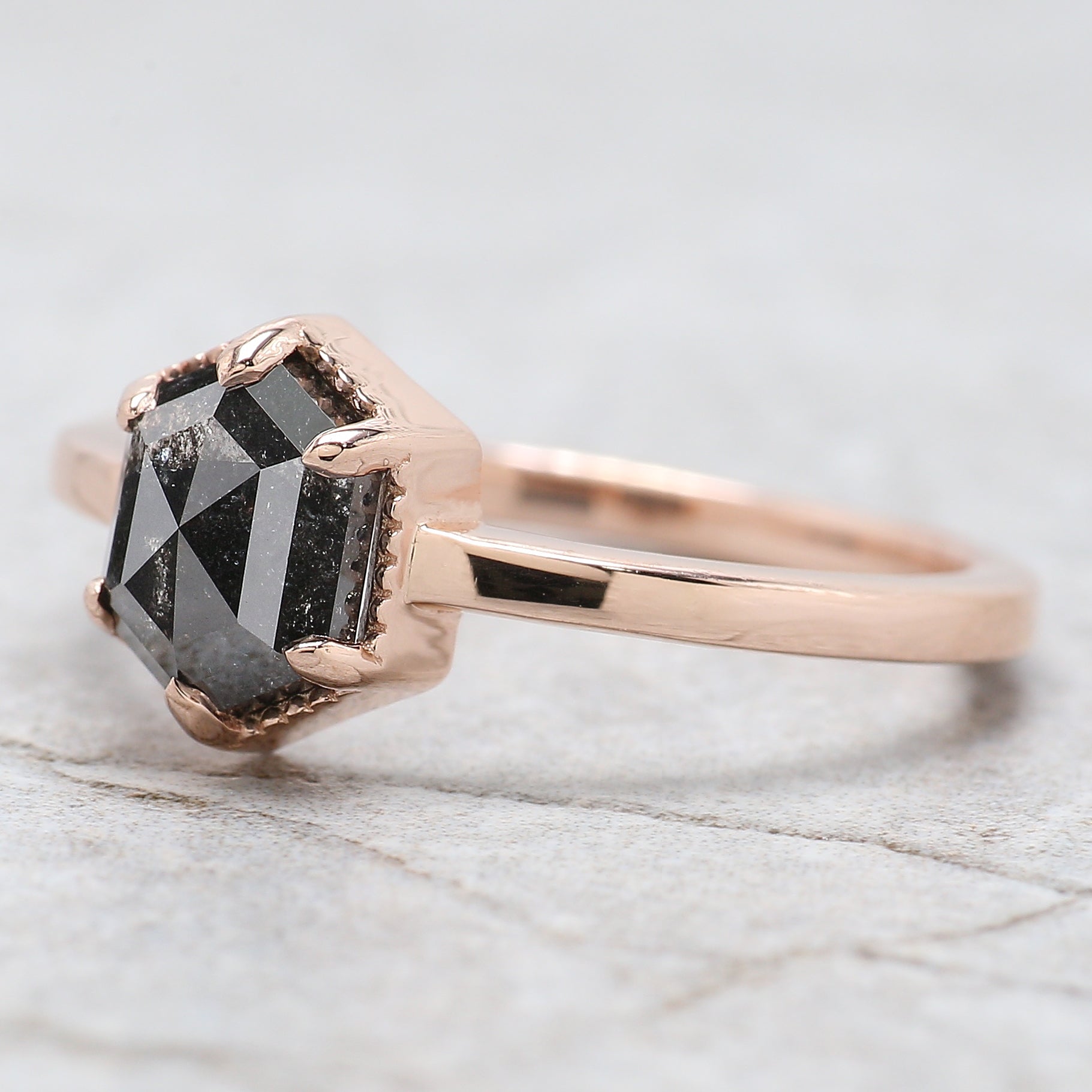 Hexagon Cut Salt And Pepper Diamond Ring 1.43 Ct 7.65 MM Hexagon Diamond Ring 14K Solid Rose Gold Silver Engagement Ring Gift For Her QL2704