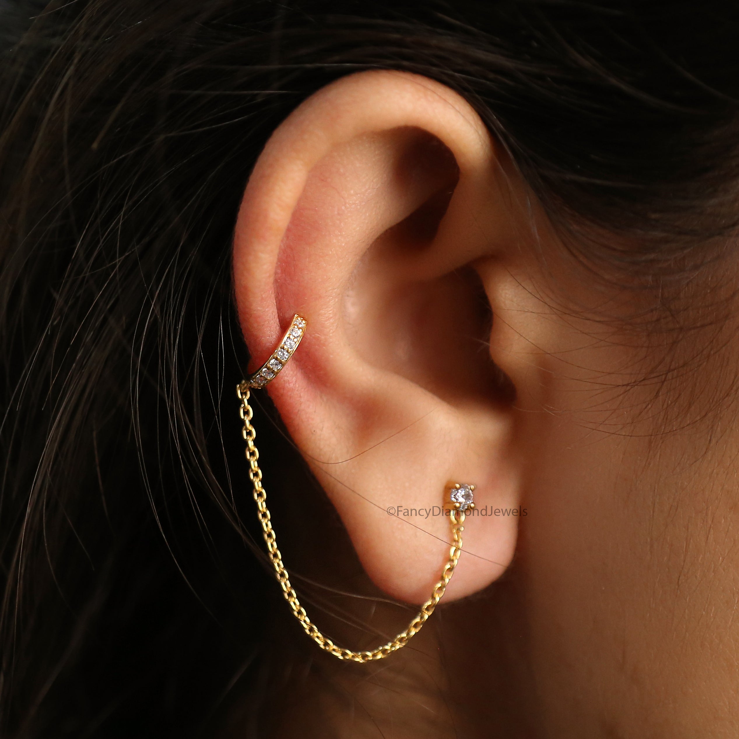 Minimalist Pave Ear Cuff Chain Earrings Round Diamond Stud Dangle Earrings in Gold and Sterling Silver Trendy Ear Cuff Chain Earrings FD533